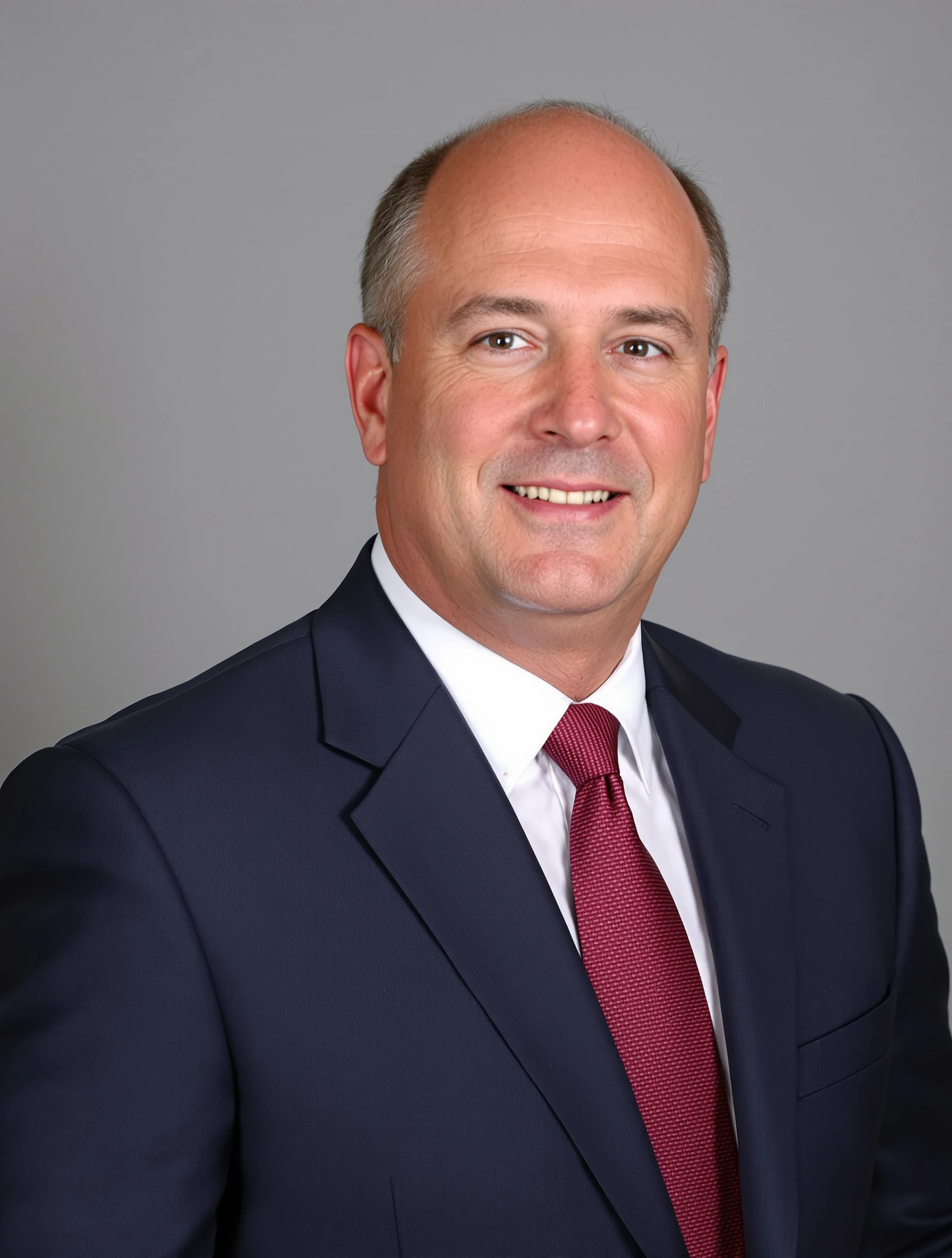 Headshot of a man in a navy suit with a white shirt and a slim burgundy tie, classic grey backdrop, confident executive expression.
