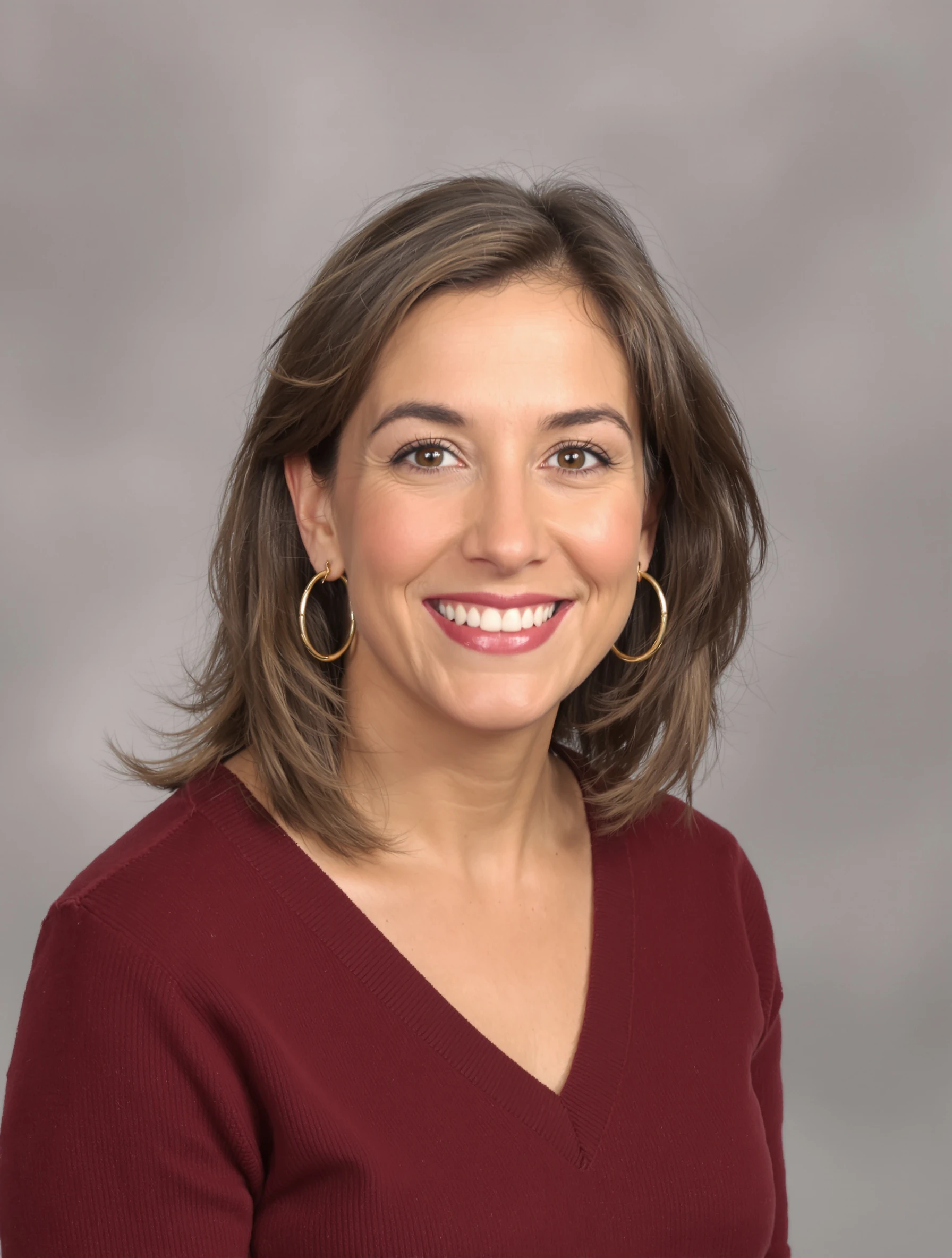 Headshot of a woman in a burgundy v-neck sweater, simple hoop earrings, soft grey backdrop, warm friendly expression.