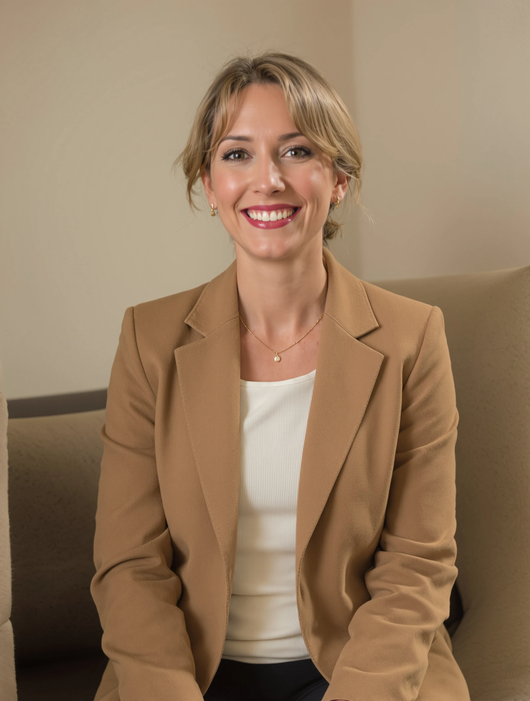 Headshot of a woman in a camel wool blazer over a cream top, soft window light, neutral background, elegant calm smile.
