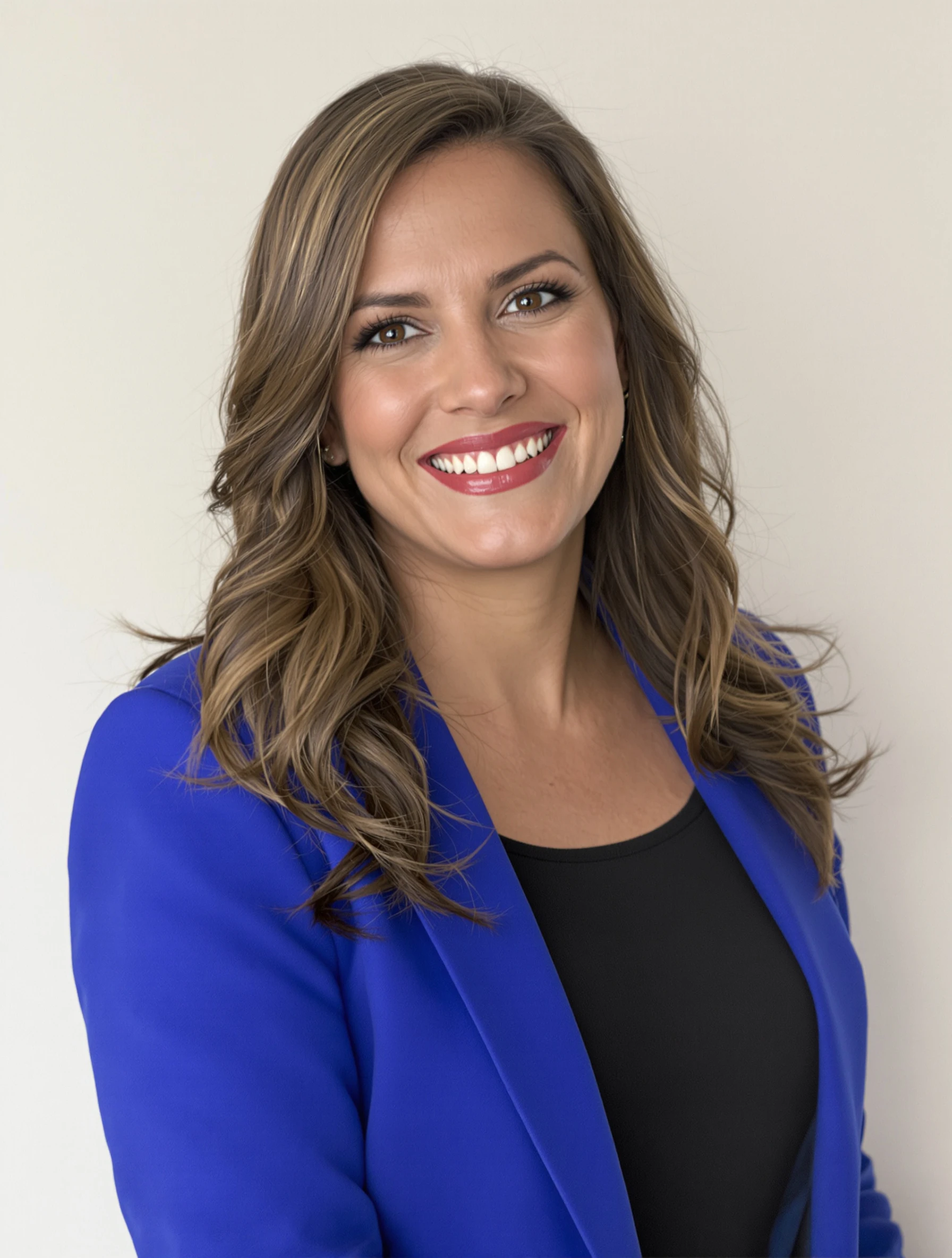 Headshot of a woman in a cobalt blue structured blazer over a black top, clean light backdrop, bold confident smile.