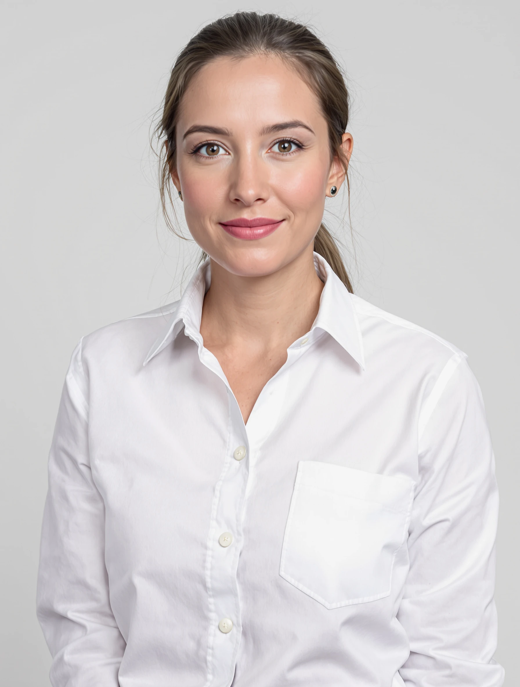 Headshot of a woman in a crisp white button-down shirt with the collar open, hair pulled back, clean studio backdrop, direct confident look.