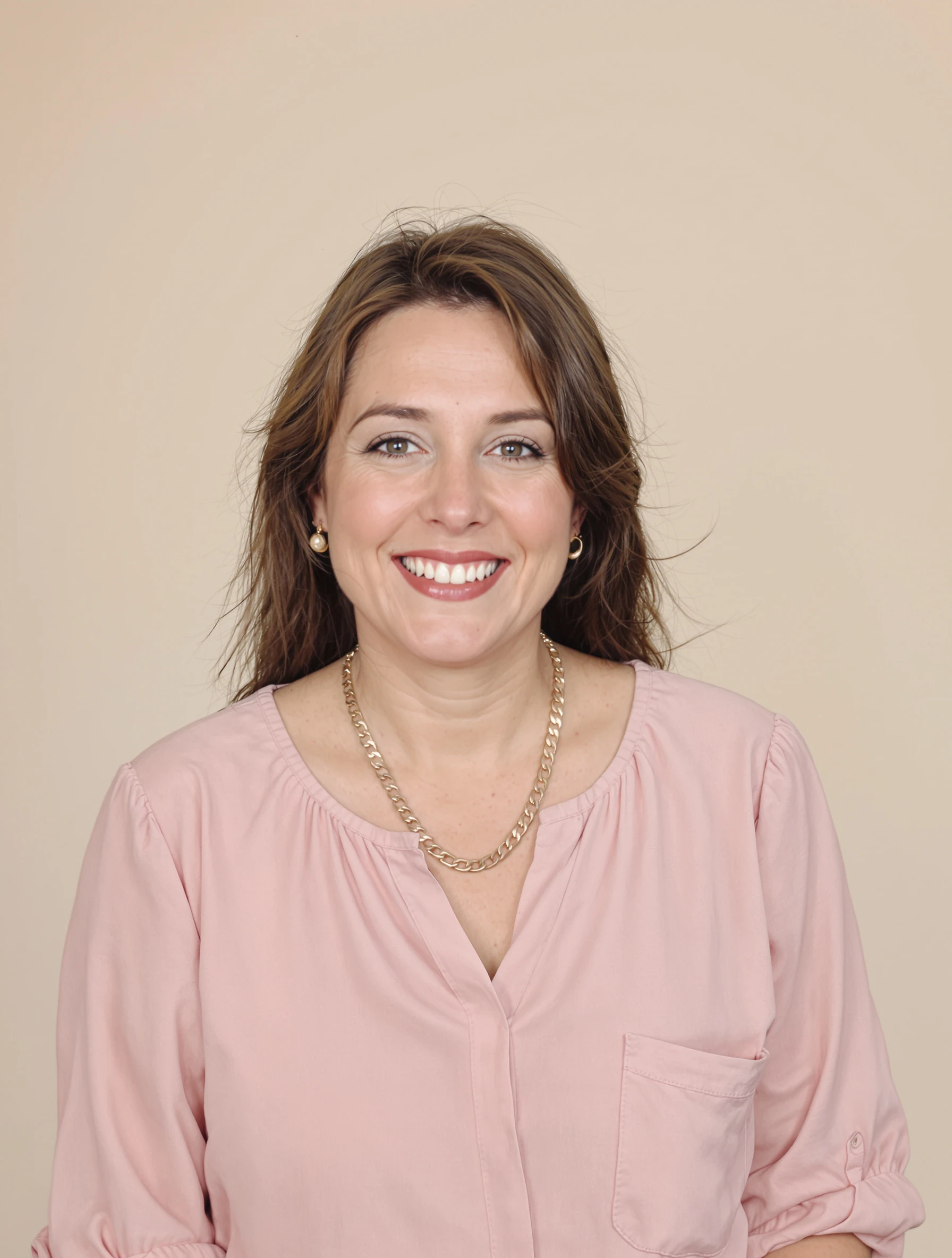 Headshot of a woman in a dusty rose blouse with a fine gold chain, soft neutral backdrop, gentle warm smile.