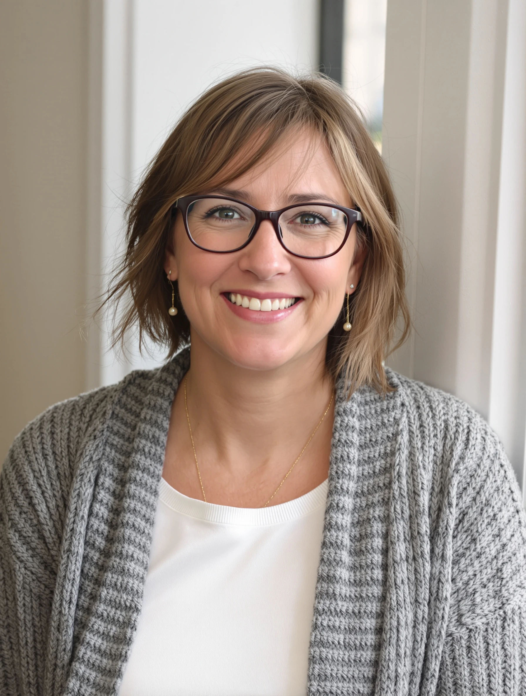 Headshot of a woman in a grey knit cardigan over a white top, glasses, soft natural light, approachable academic look.