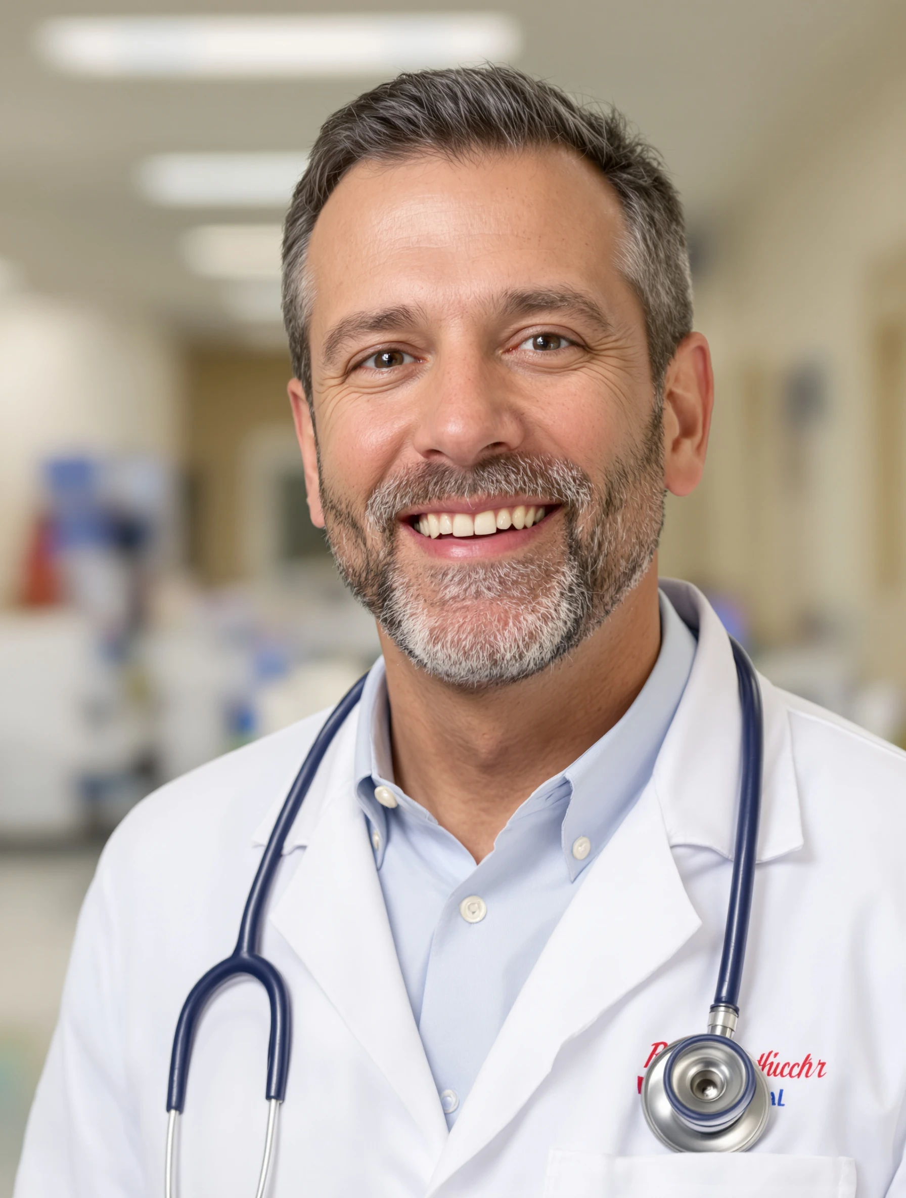 Healthcare headshot of a man in a white lab coat over a light blue shirt, stethoscope around his neck, bright clinic backdrop, reassuring smile.