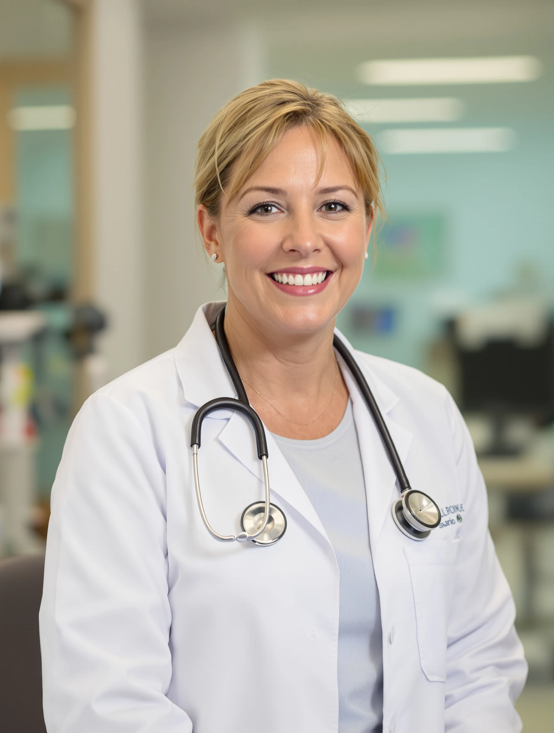 Healthcare headshot of a woman in a white lab coat over a light blue top, stethoscope around her neck, bright clinic backdrop, reassuring smile.