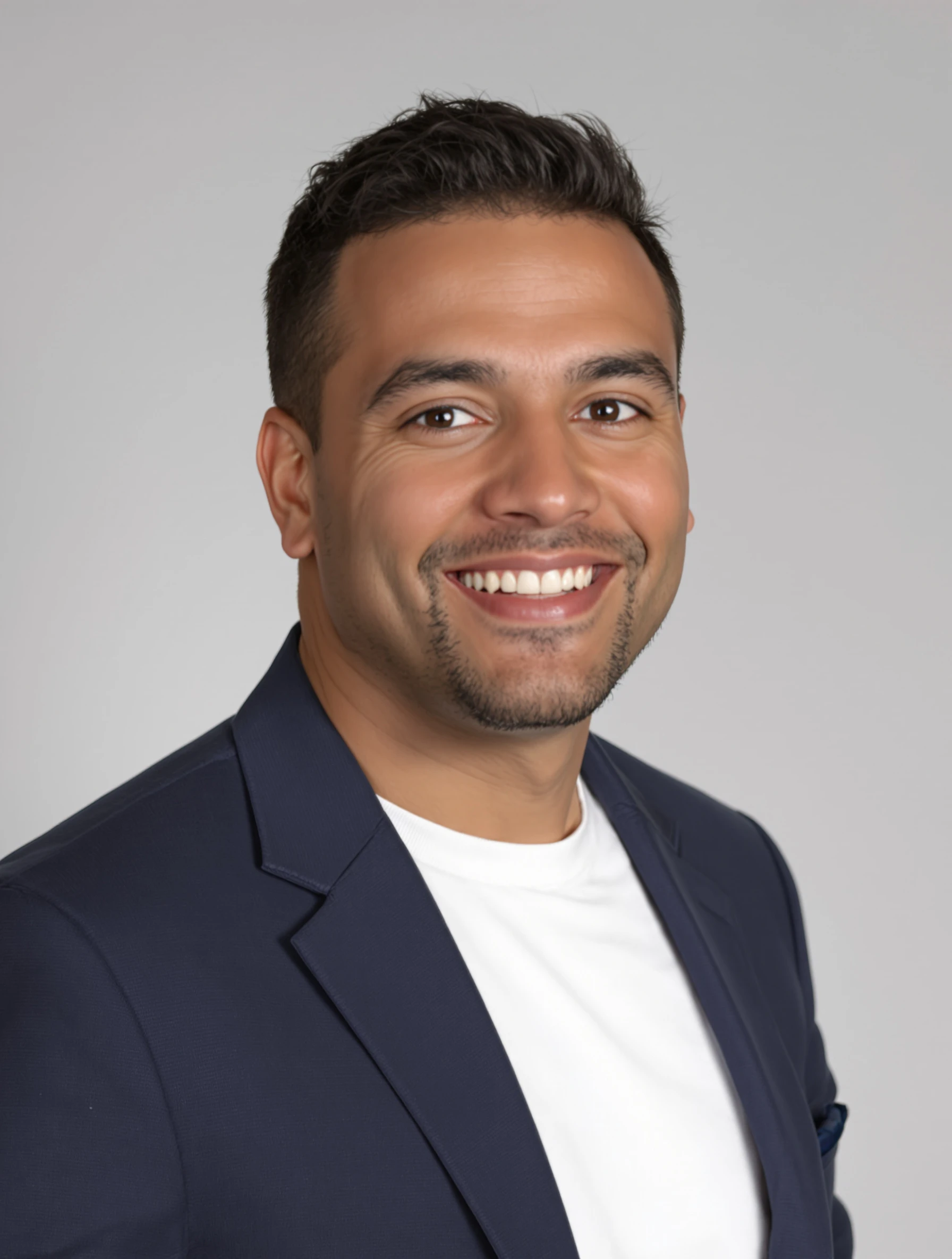 Professional headshot of a man wearing a navy blazer over a plain white crewneck t-shirt, light grey studio backdrop, confident smile.