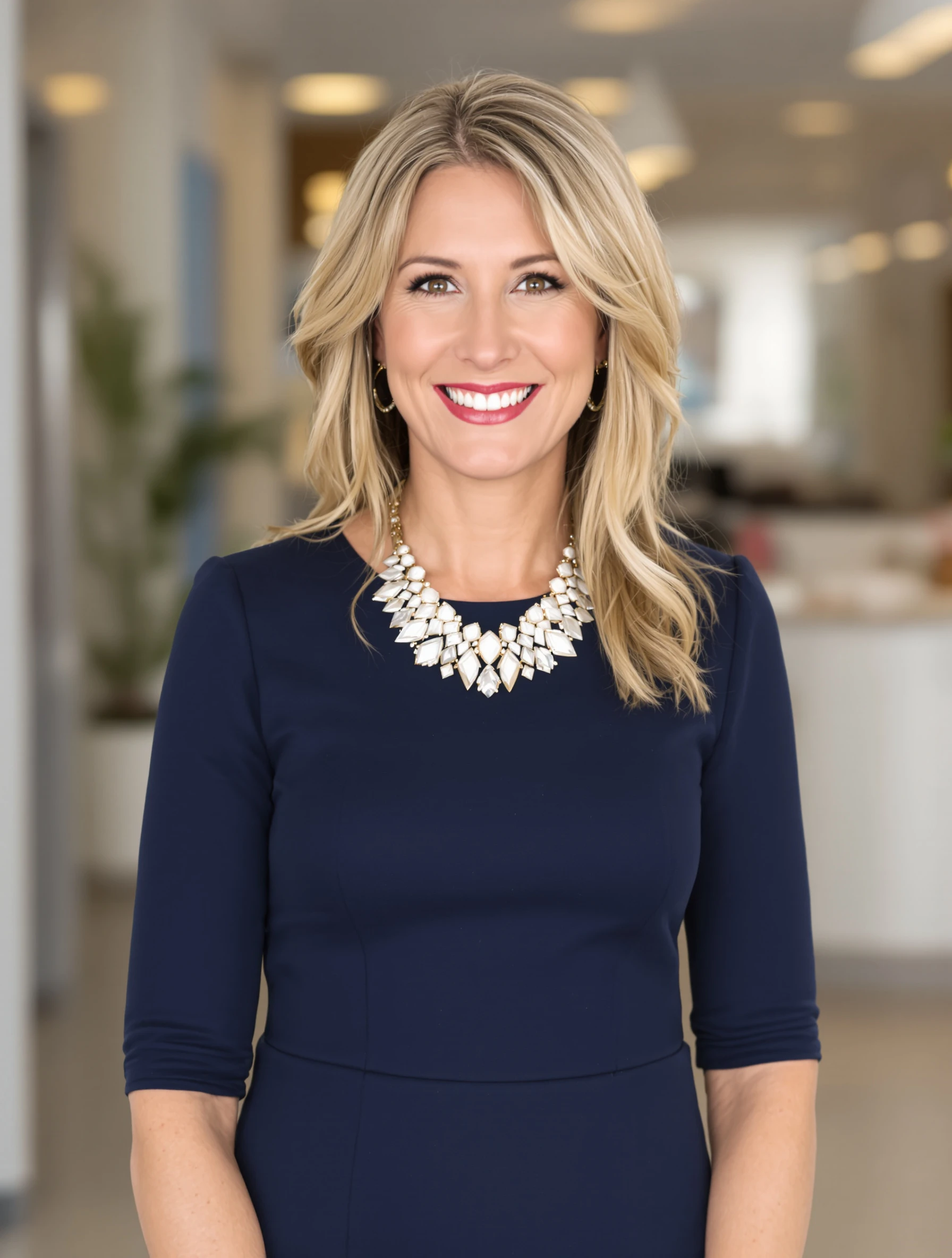 Real estate headshot of a woman in a fitted navy sheath dress with a statement necklace, bright office backdrop, polished welcoming smile.