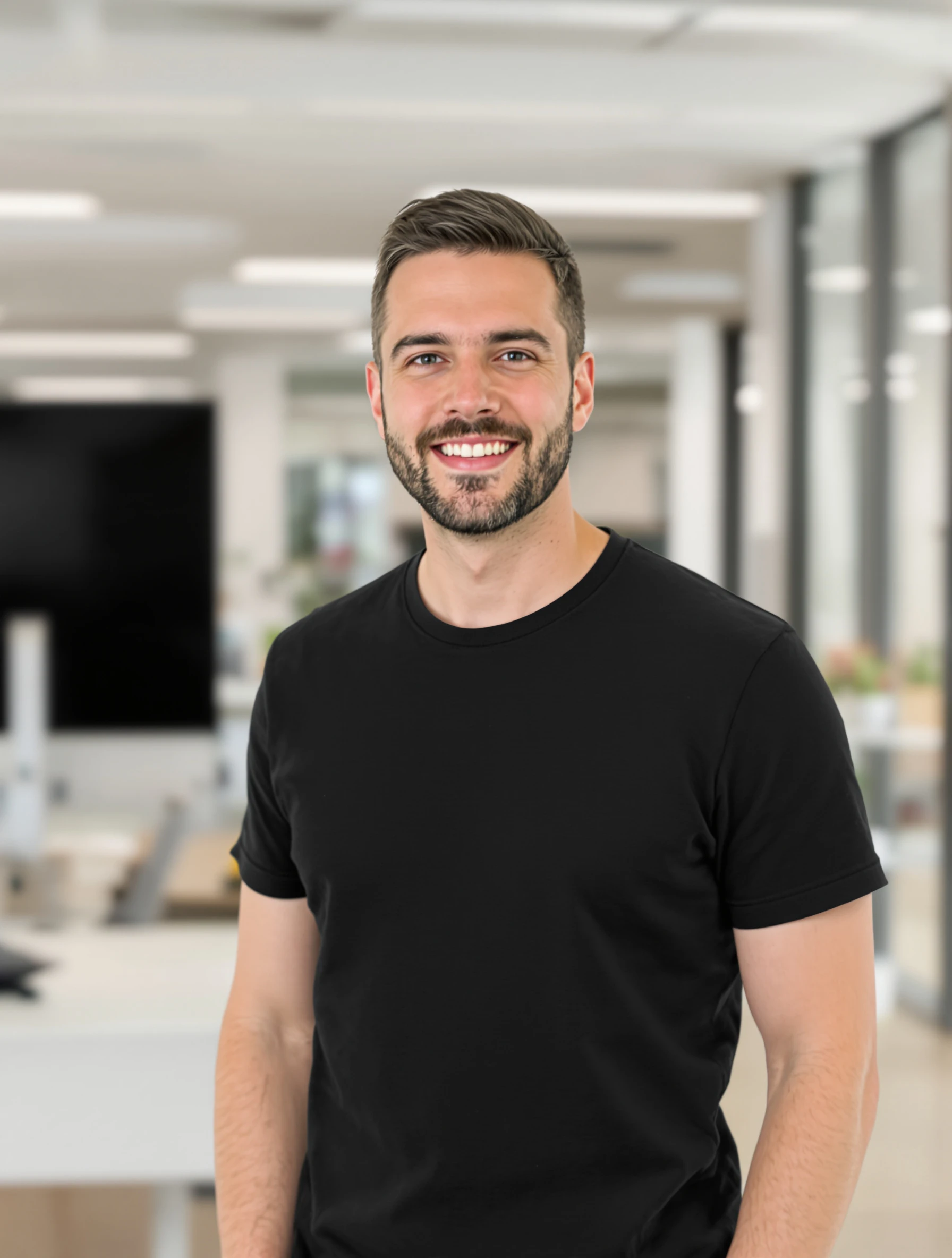 Tech headshot of a man in a plain black crewneck t-shirt, bright modern office blurred behind him, relaxed easy smile.