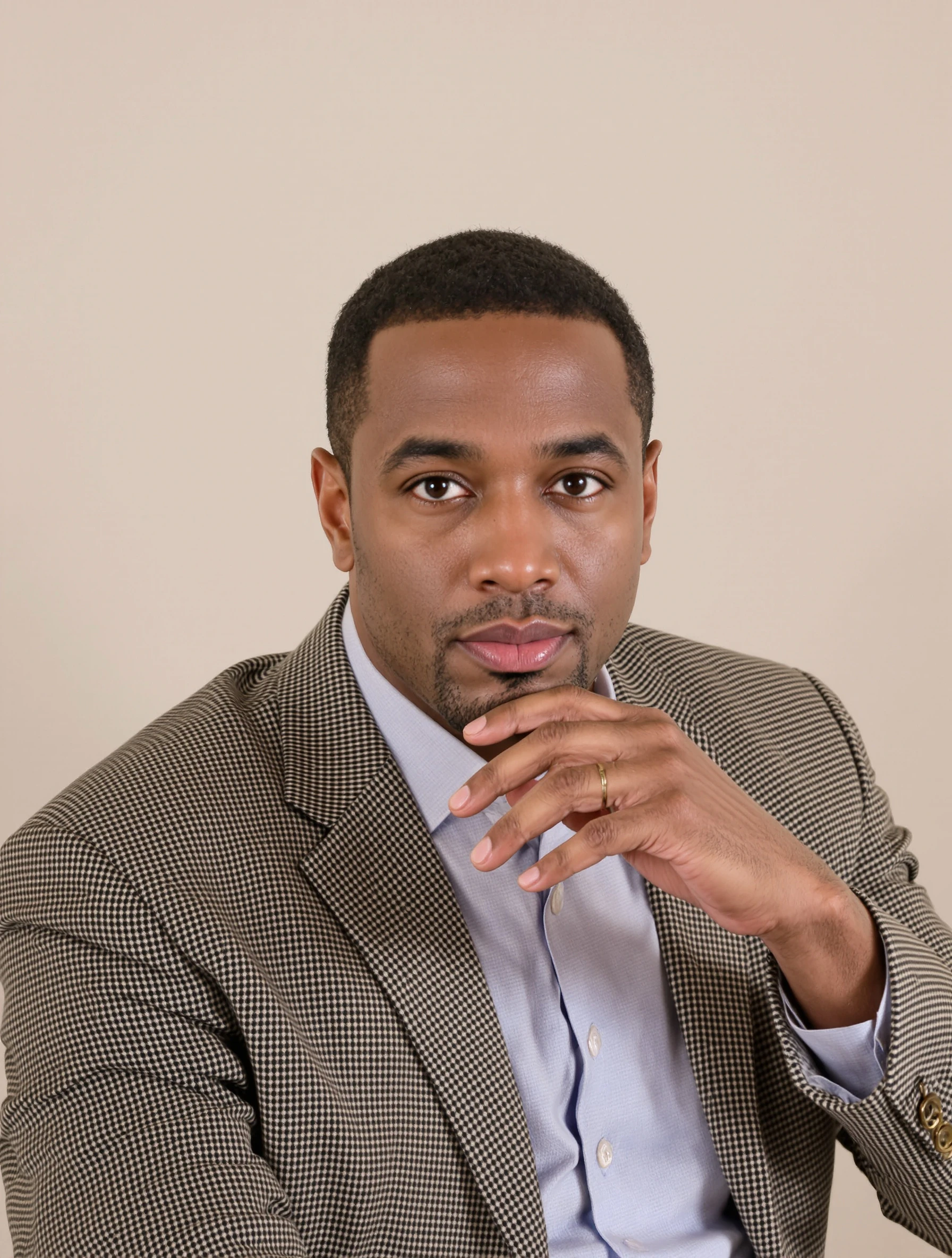 Business headshot of a man with one hand resting on his chin, thoughtful expression, tweed blazer, neutral backdrop, soft key light.