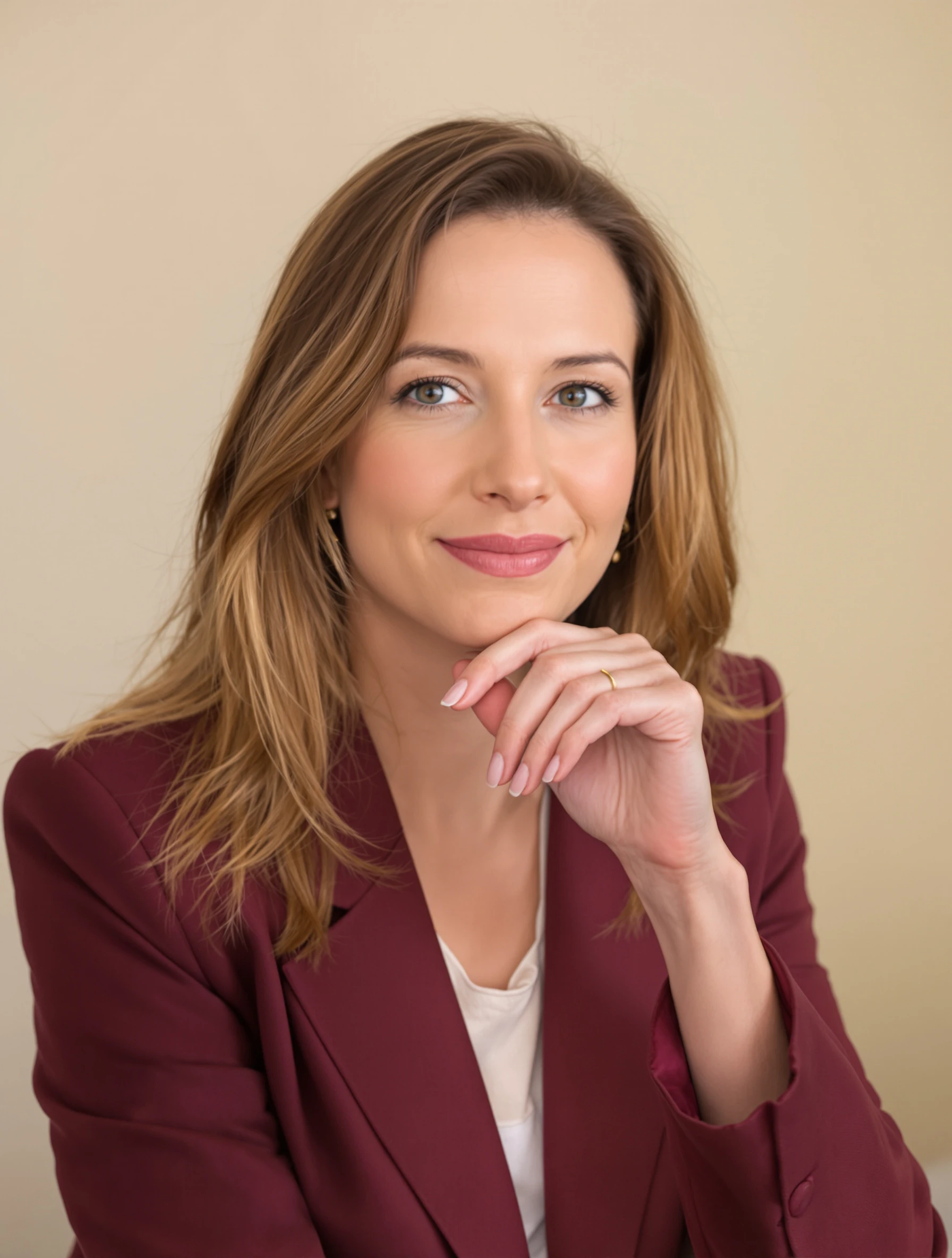 Business headshot of a woman with one hand resting lightly on her chin, thoughtful expression, burgundy blazer, neutral backdrop, soft key light.
