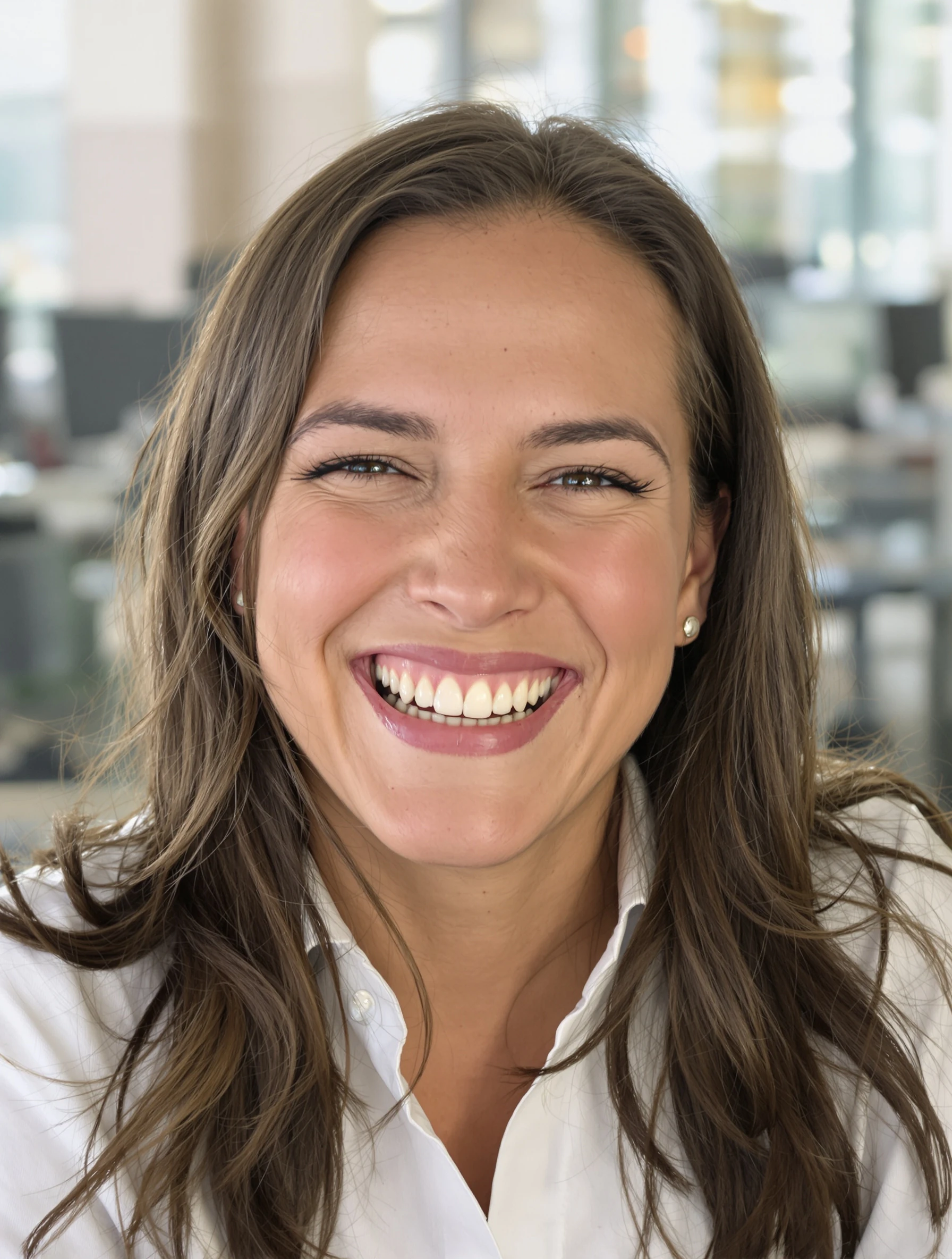 Candid-style headshot of a woman mid-laugh, head tilted slightly, white shirt with the sleeves rolled, bright airy office background blurred behind her.