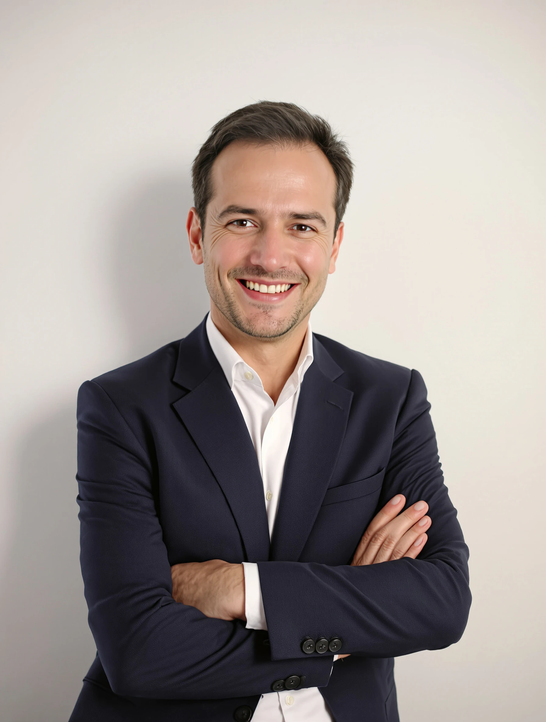 Corporate headshot of a man with arms crossed against a white studio wall, navy blazer over a white shirt, relaxed jaw, approachable smile.