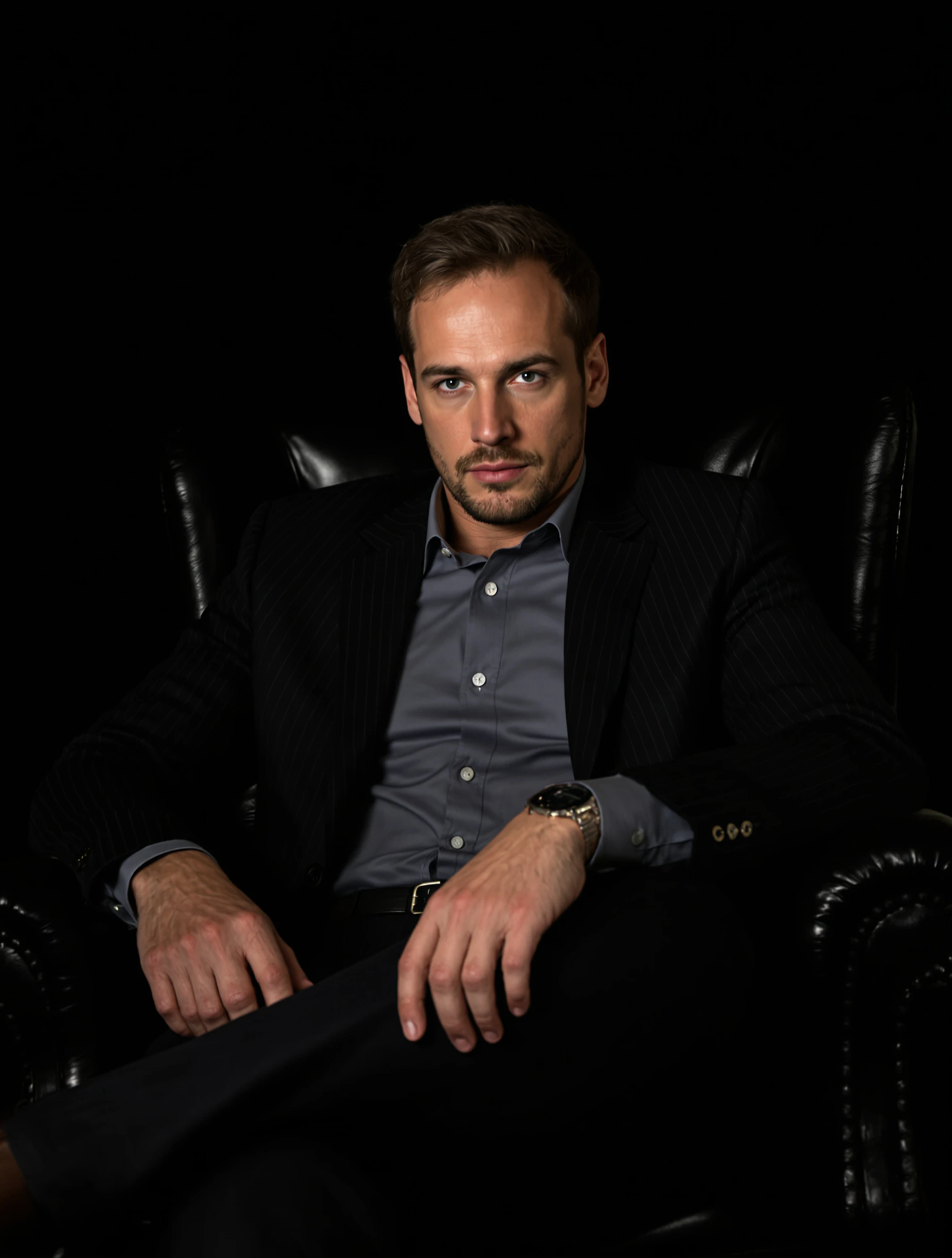Editorial headshot of a man seated in a leather armchair, one arm on the armrest, dark suit, moody dark backdrop, composed expression.