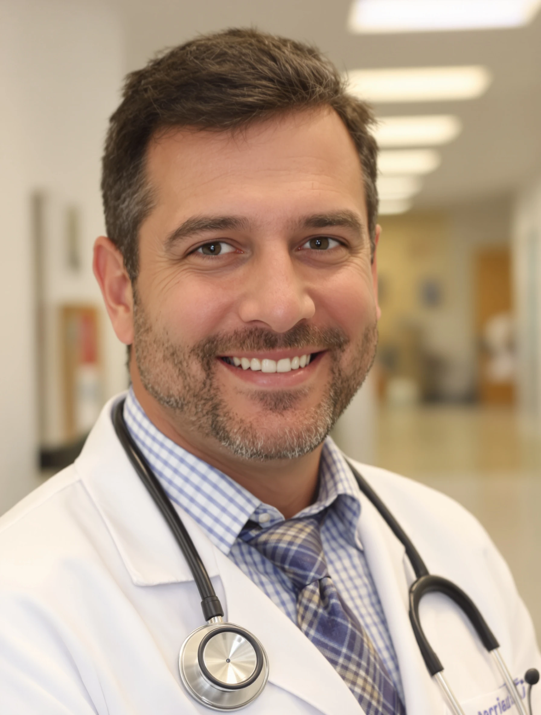 Headshot of a man in a doctor's white coat with a stethoscope, body slightly angled, arms relaxed, bright clinic background blurred, reassuring smile.
