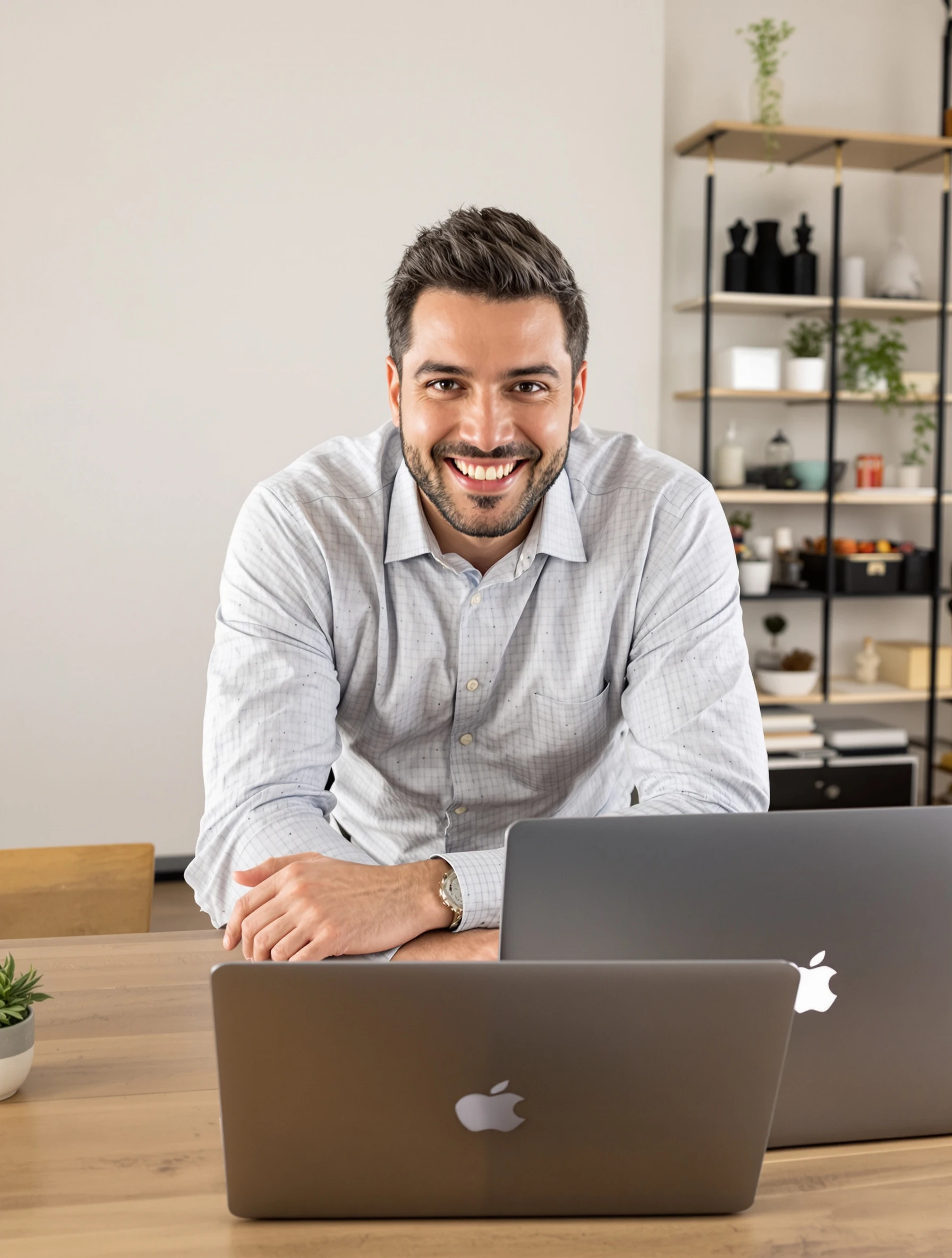 Headshot of a man leaning forward with forearms on a desk, laptop closed beside him, bright creative studio, friendly engaged expression.
