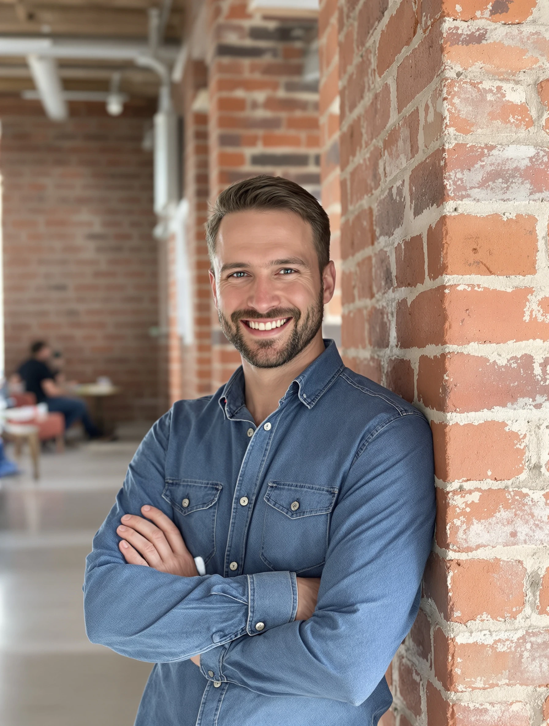 Headshot of a man leaning one shoulder against an exposed brick wall in a bright loft office, denim shirt, hands relaxed, natural window light, easy grin.
