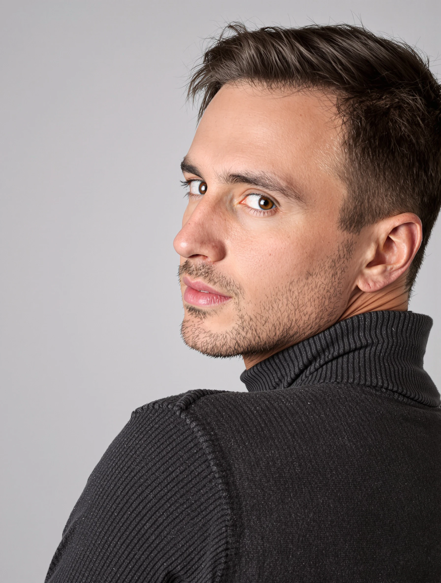 Headshot of a man looking back over his shoulder at the camera, dark grey turtleneck, soft studio light, calm direct gaze.
