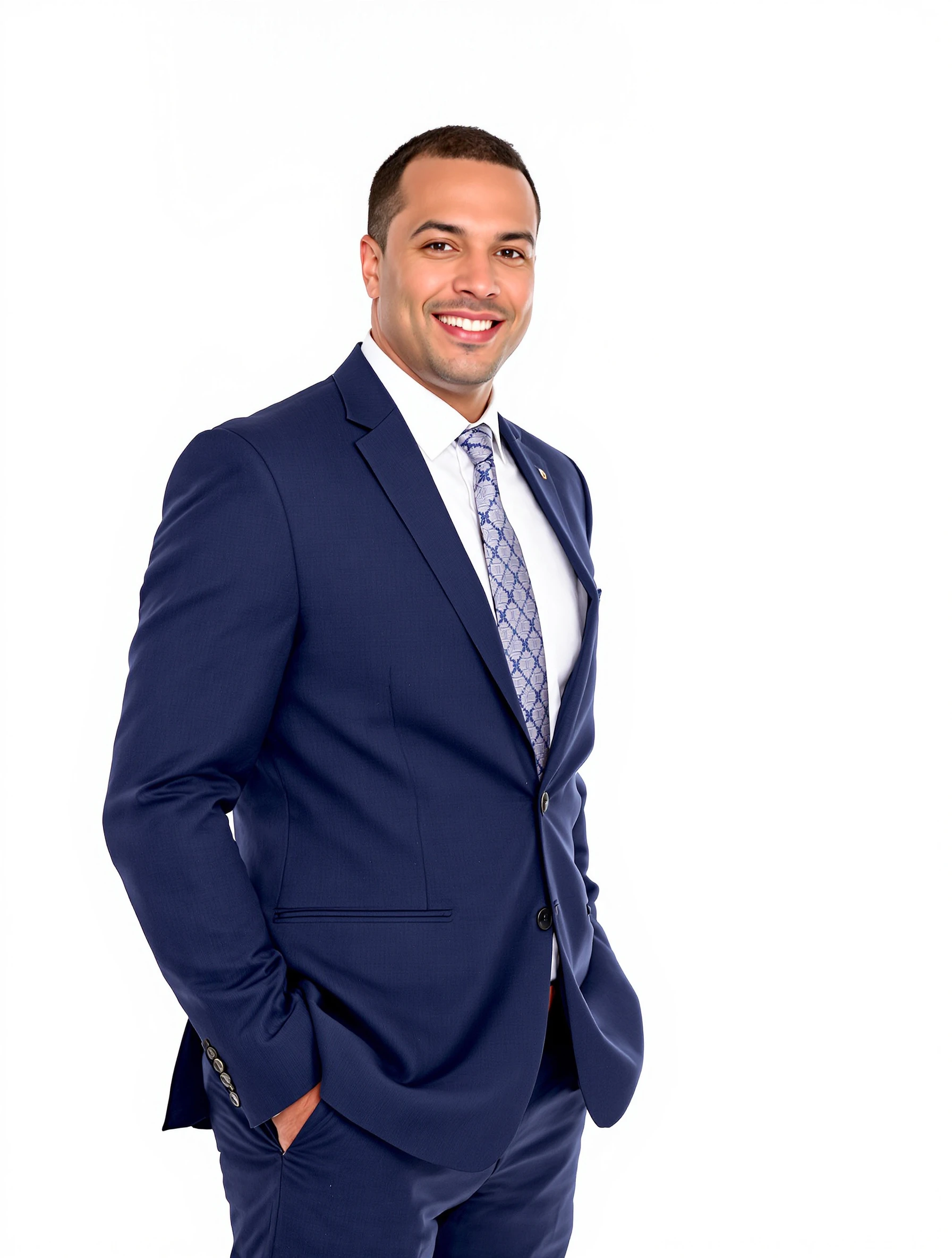 Headshot of a man with both hands in the pockets of a tailored navy suit, shoulders back, chin level, white backdrop, confident neutral expression.