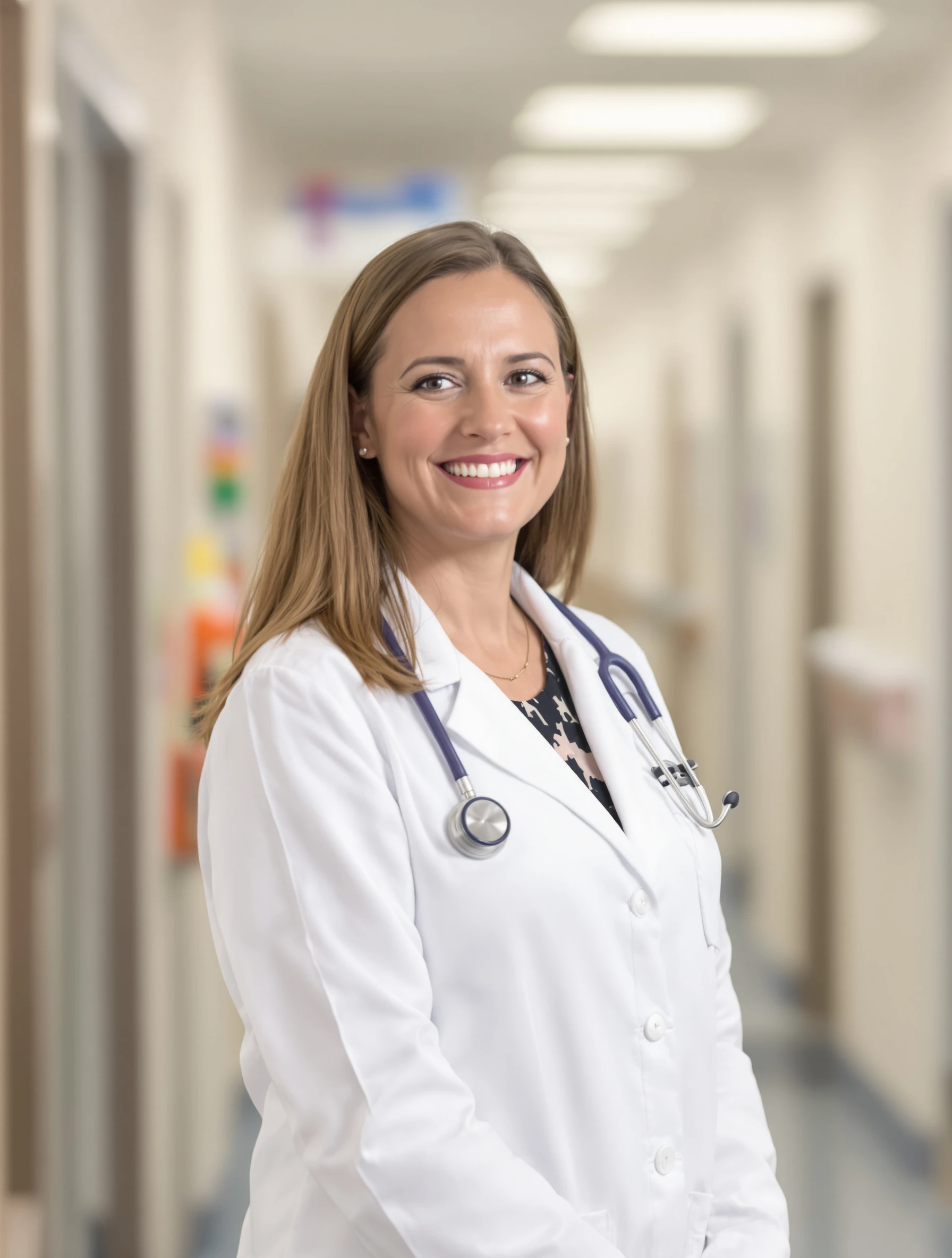 Headshot of a woman in a doctor's white coat with a stethoscope, body slightly angled, arms relaxed at her sides, bright clinic background blurred, reassuring smile.