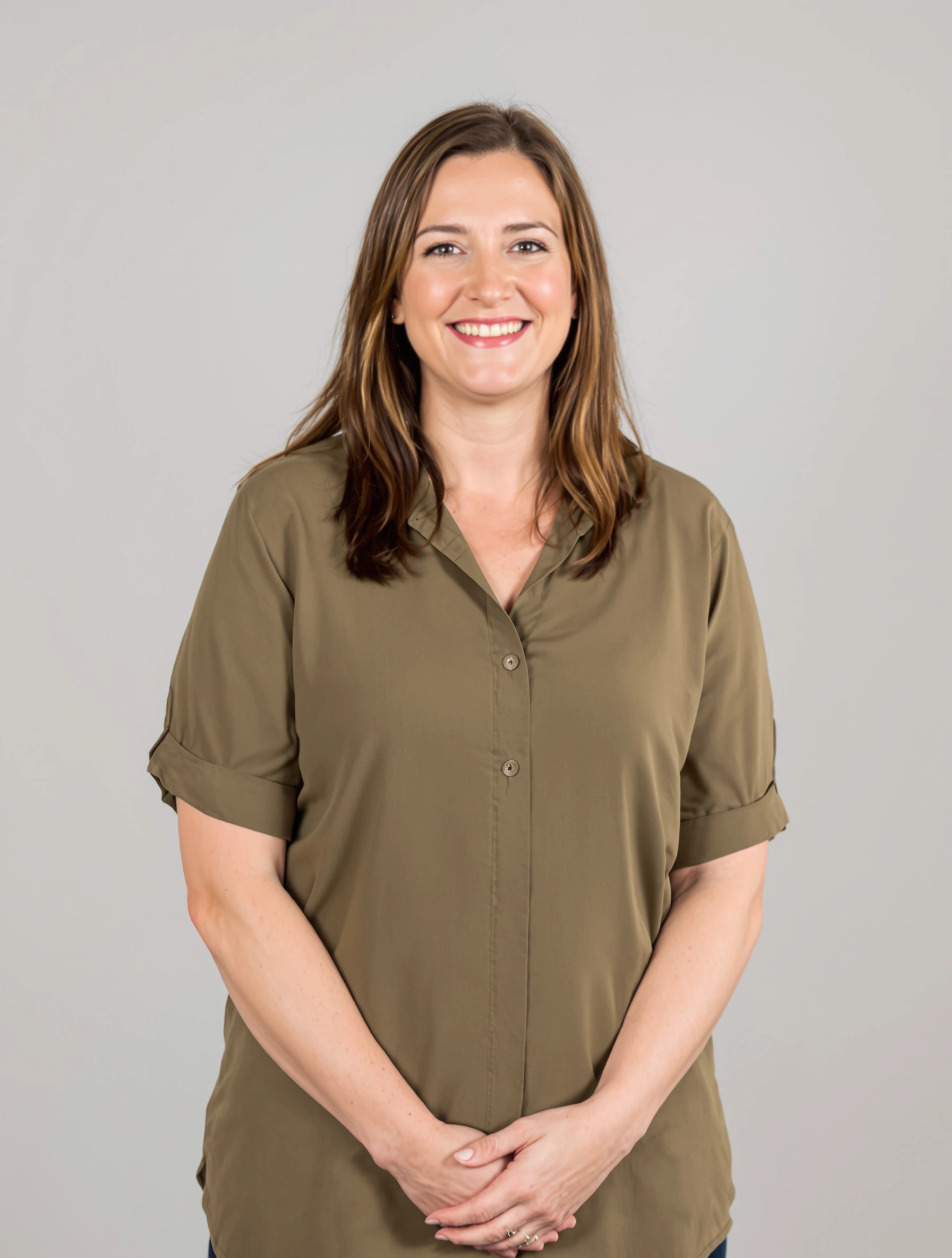 Headshot of a woman standing straight on to the camera, square shoulders, olive blouse, hands clasped in front, clean light-grey backdrop, warm approachable smile.
