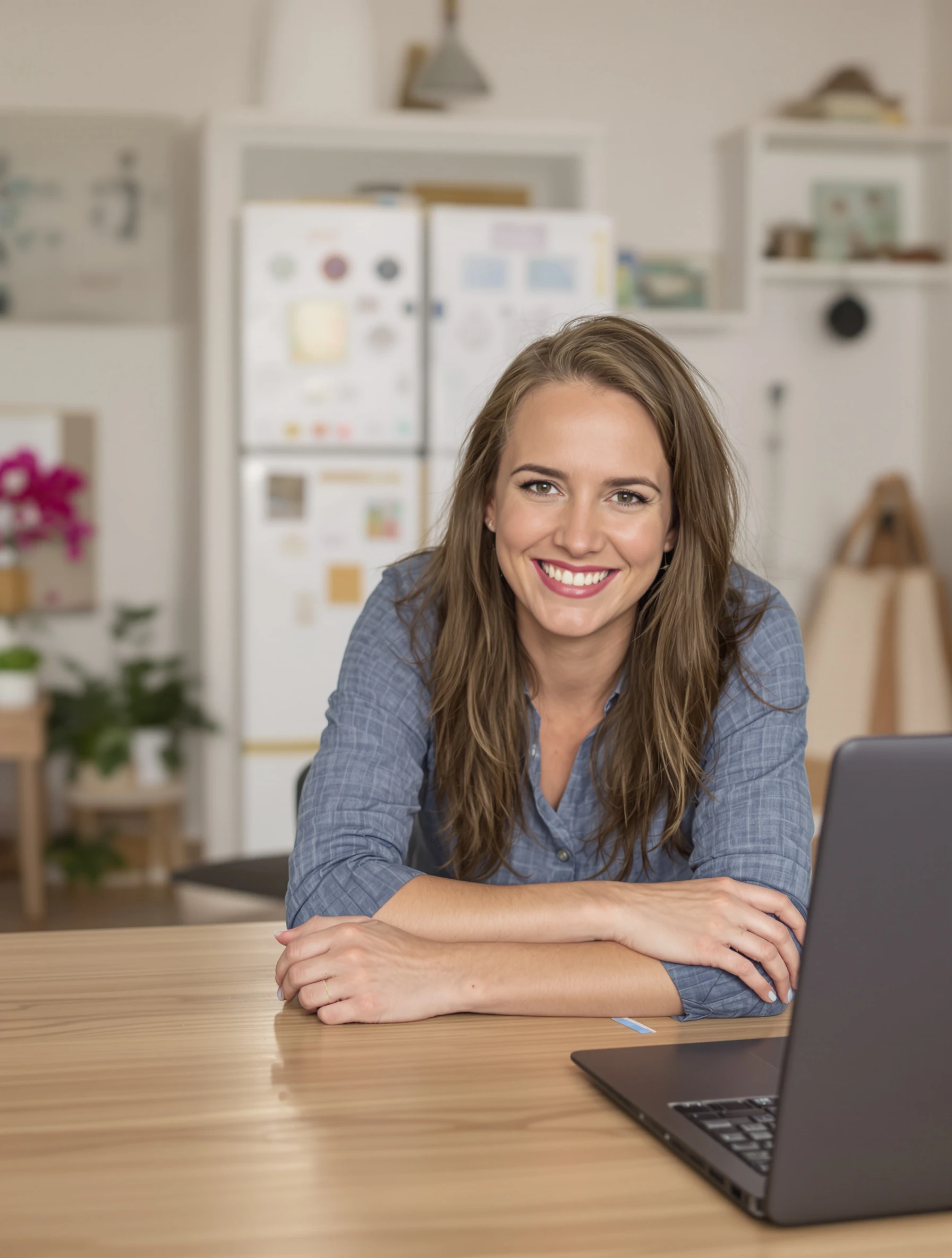 Headshot of a woman with her arms folded on a desk, leaning forward, laptop closed beside her, bright creative studio, friendly engaged expression.