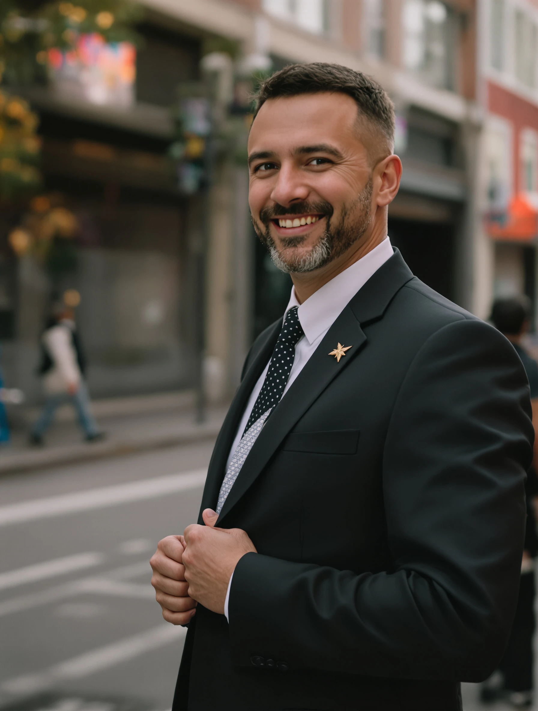 Outdoor headshot of a man buttoning his suit jacket with one hand, city street softly blurred behind him, subtle smile, golden hour light.