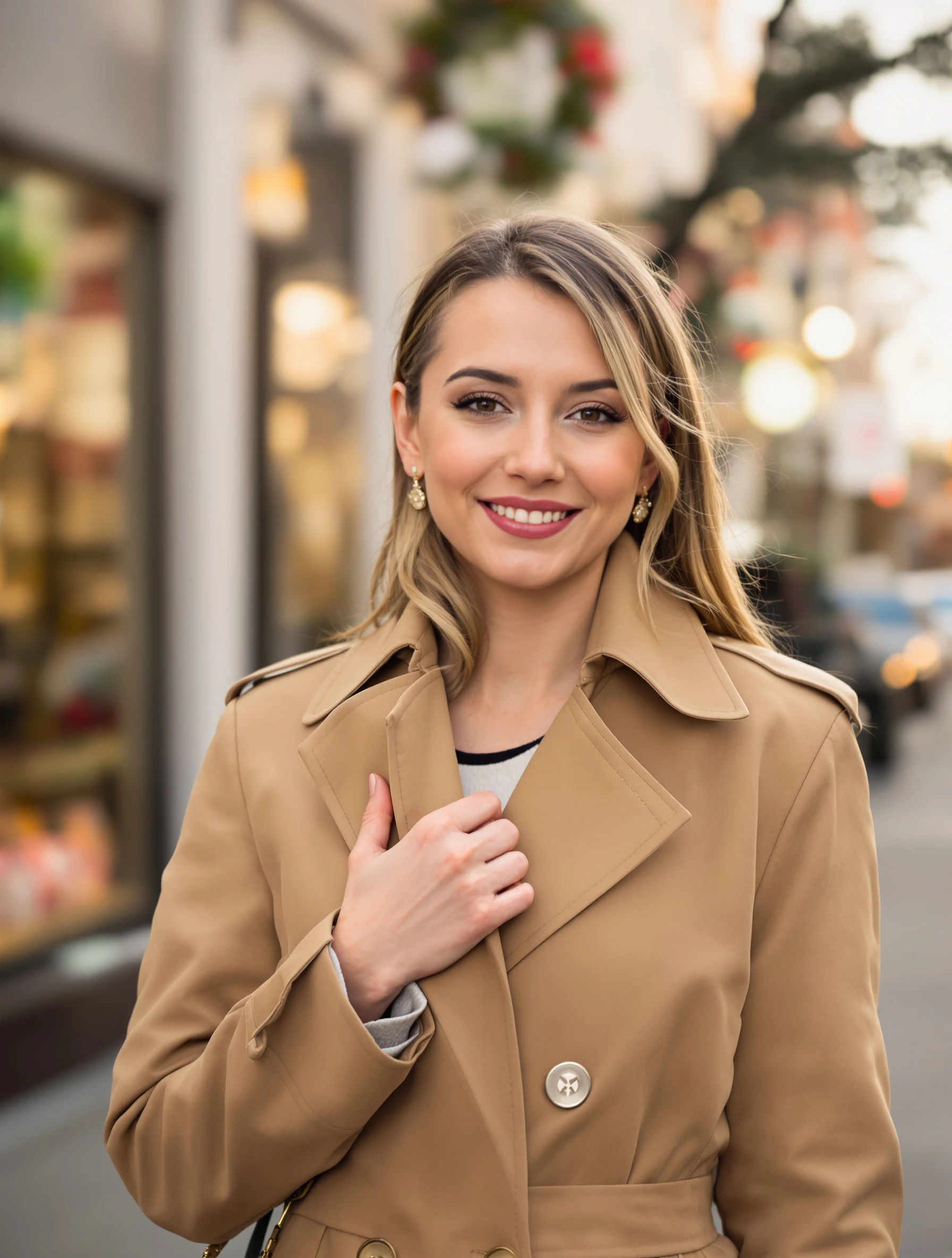 Outdoor headshot of a woman with one hand holding her jacket lapel, city street softly blurred behind her, tan trench coat, subtle smile, golden hour light.