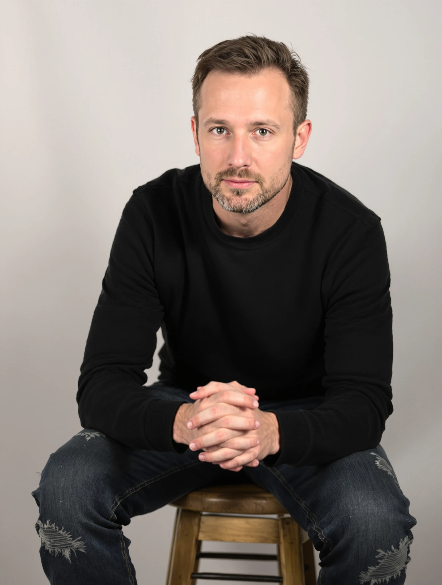 Portrait of a man seated on a tall stool, elbows on his knees, leaning slightly toward the camera, black crewneck sweater, clean backdrop, engaged expression.