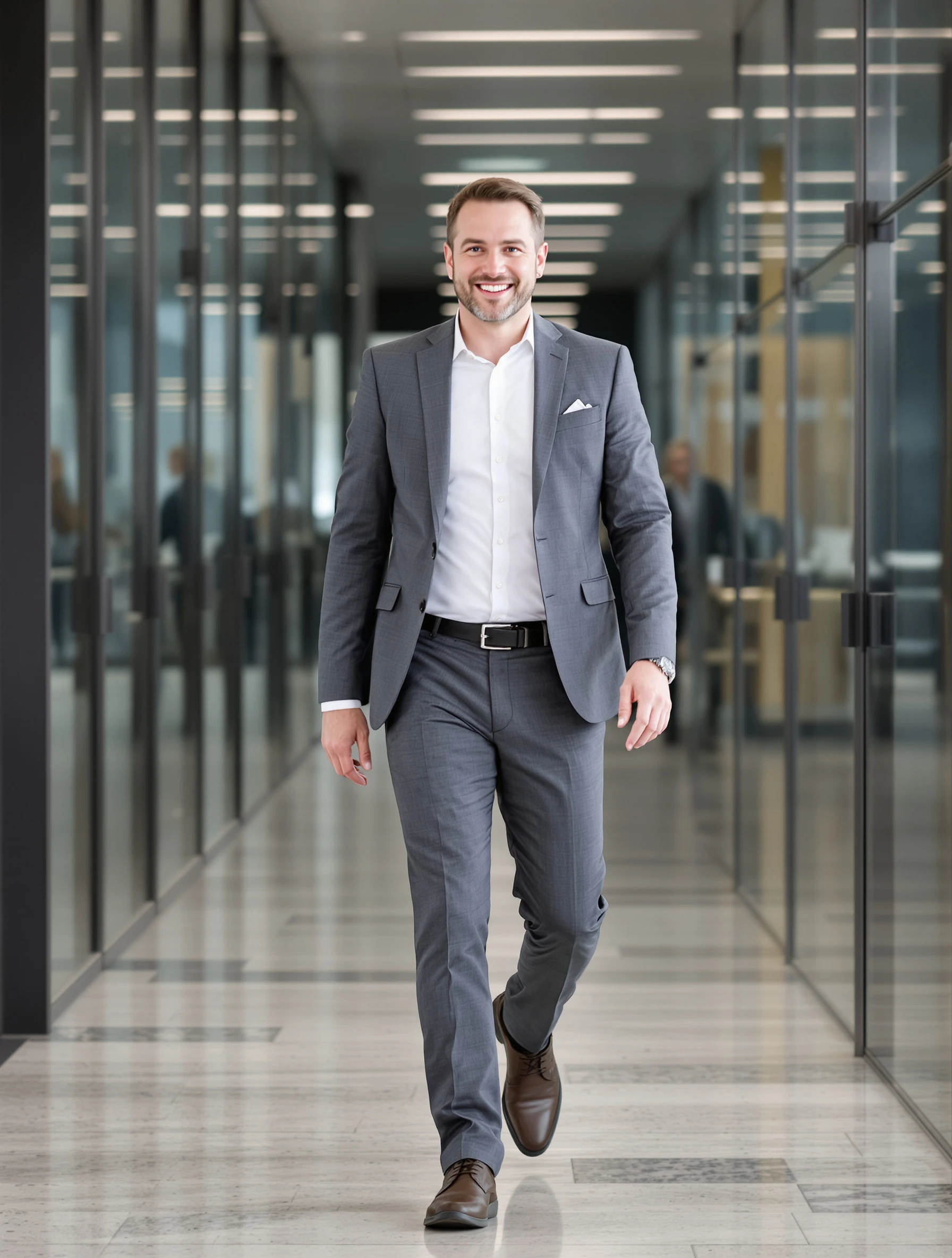 Portrait of a man walking toward the camera on a modern office floor, grey suit, one foot mid-step, natural smile, glass walls blurred behind.