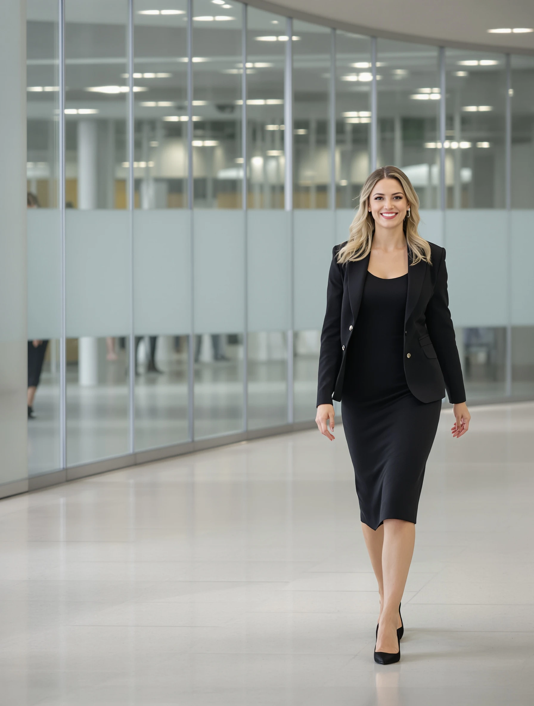 Professional portrait of a woman walking toward the camera on a modern office floor, black dress and blazer, one foot mid-step, natural smile, blurred glass walls behind.