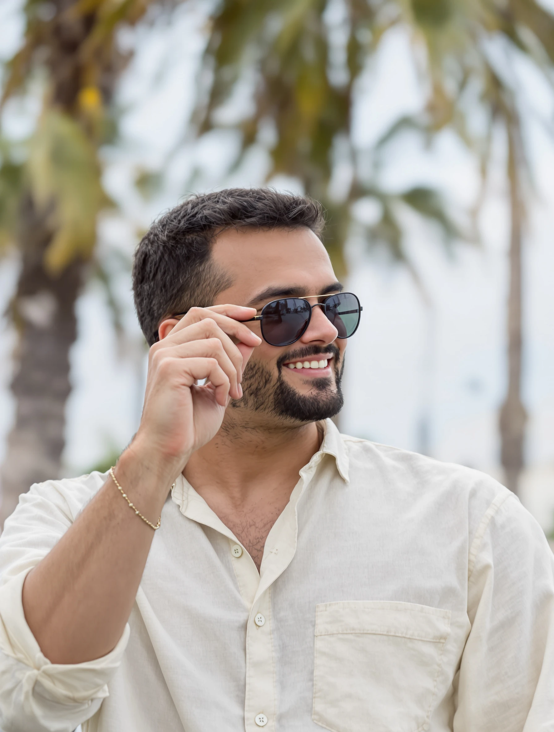 Man adjusting his sunglasses with one hand while looking past the camera, linen shirt, palm trees blurred behind, cool smile.