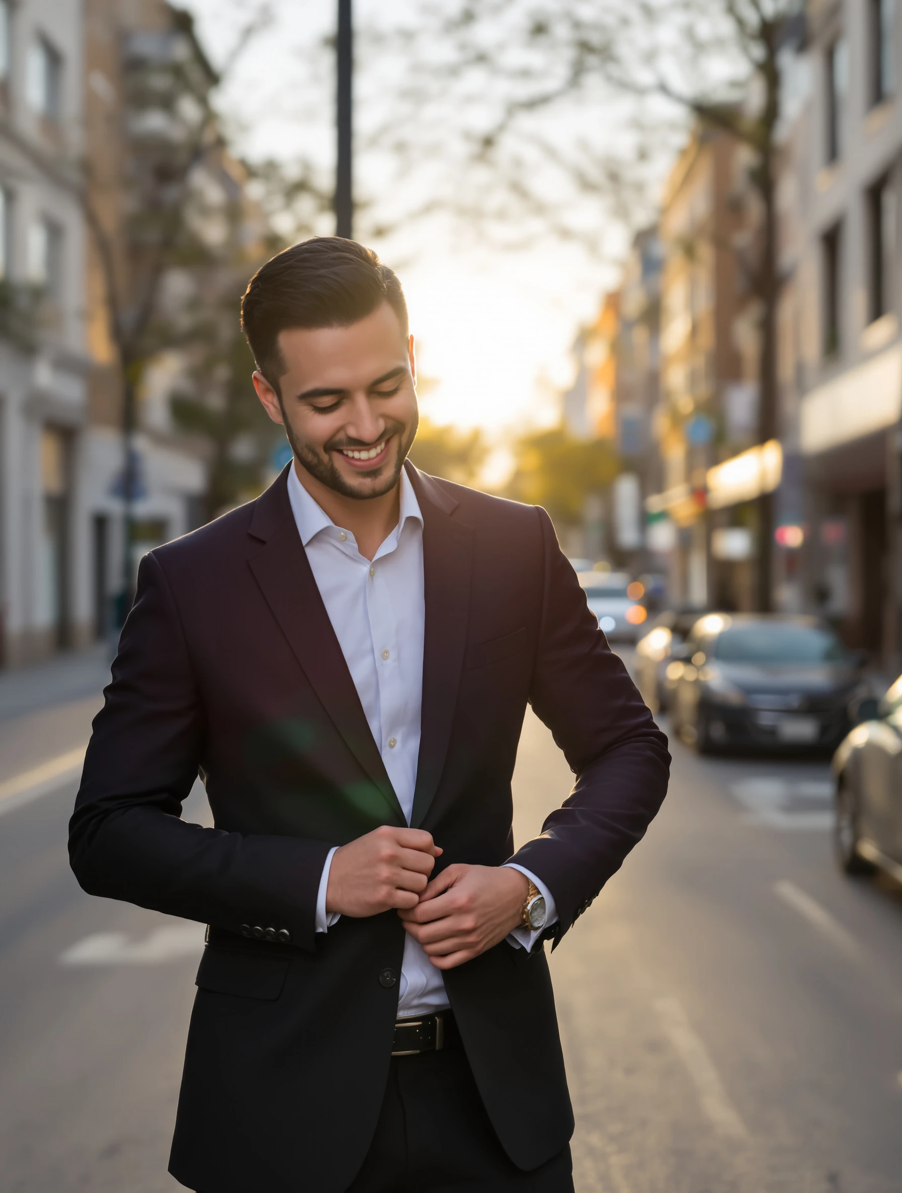 Man buttoning his blazer with one hand while looking down and smiling, standing on a city street, golden hour light.
