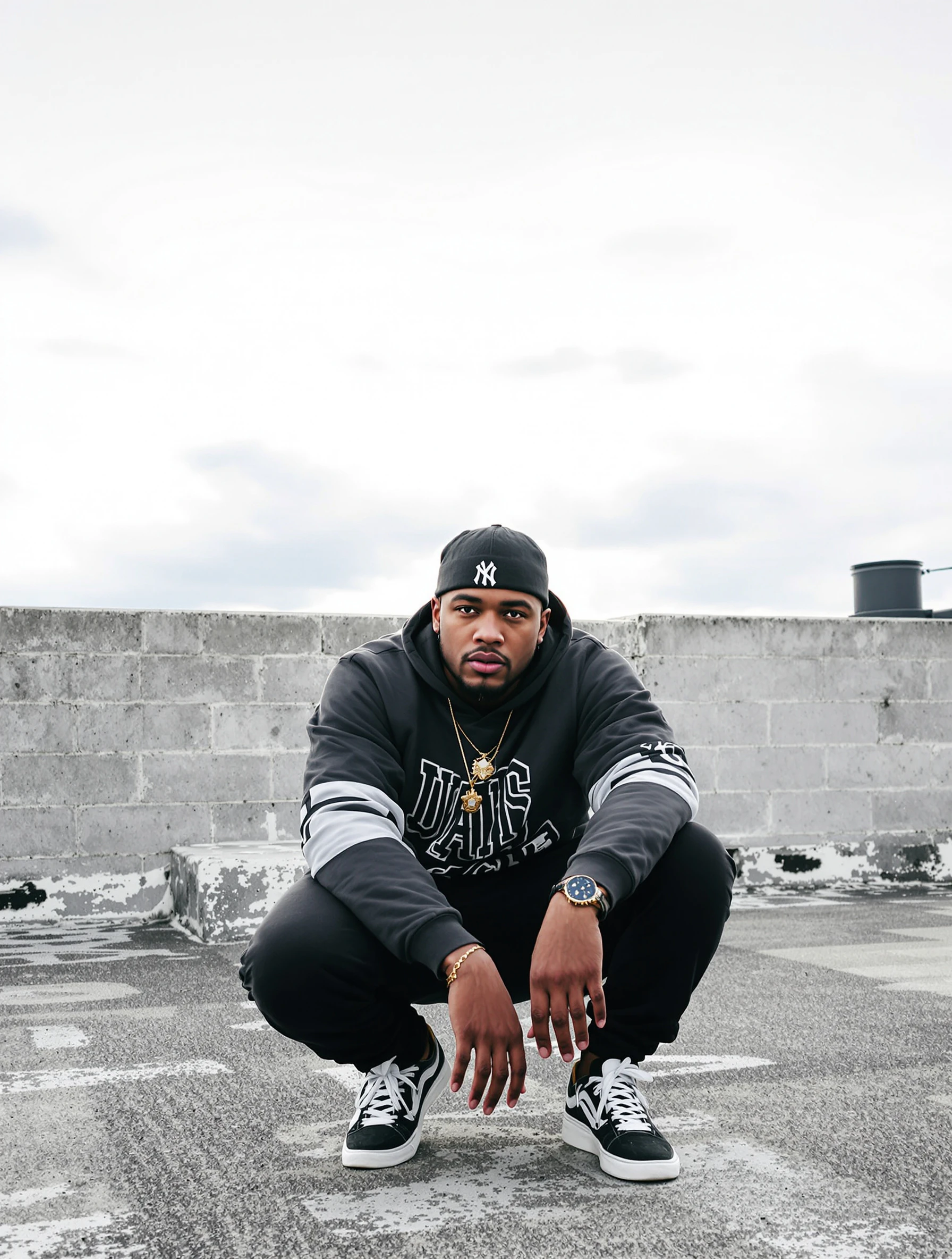 Man crouching low on a rooftop with elbows on his knees, streetwear outfit and sneakers, direct look at the camera.