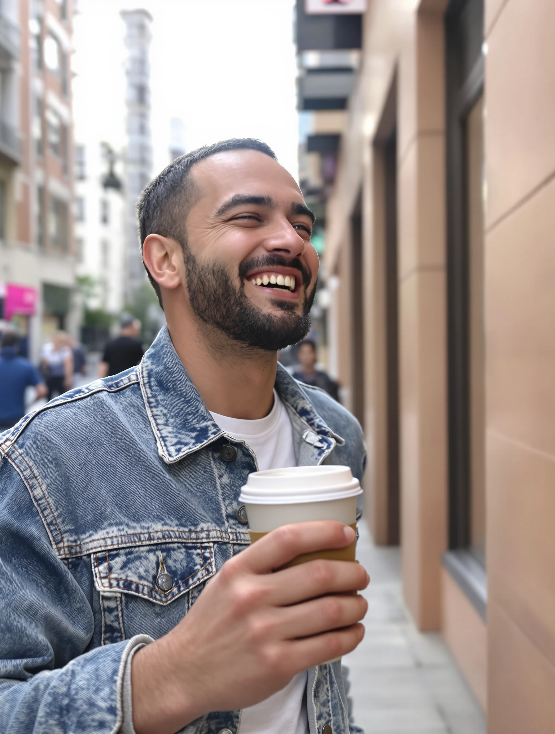 Man holding a takeaway coffee cup in one hand, looking off to the side mid-laugh, denim jacket, soft city light.