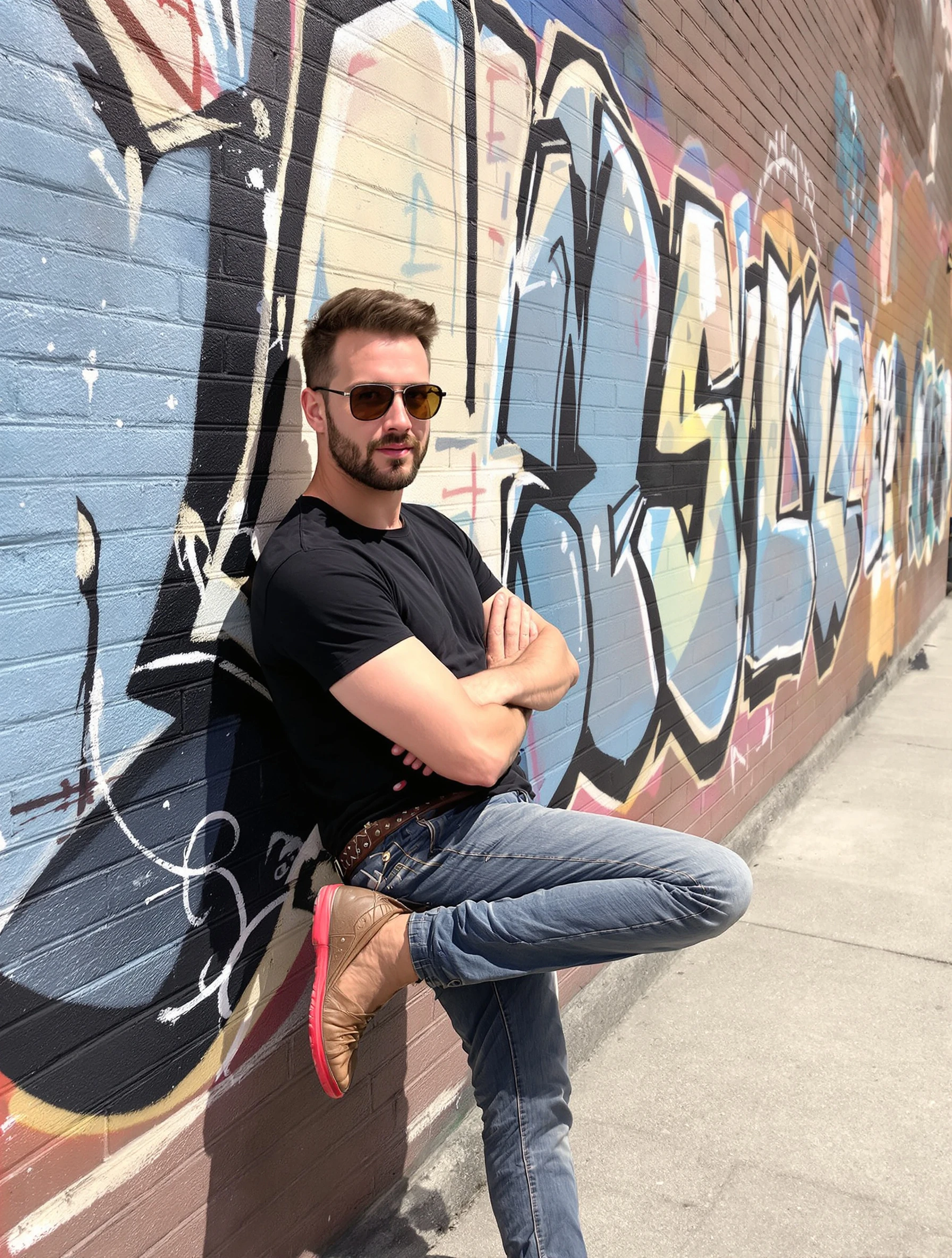 Man leaning against a graffiti wall with one foot flat against it, arms crossed, relaxed cool expression, bright afternoon light.