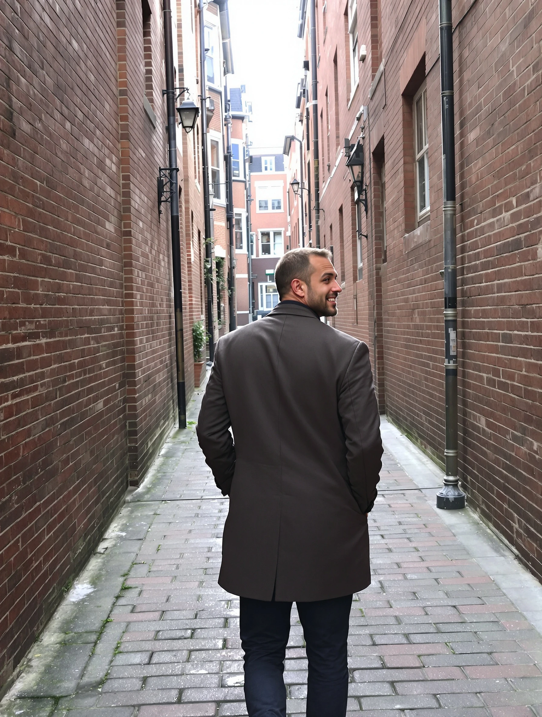 Man looking back over his shoulder at the camera while walking down a brick alley, hands in his coat pockets, slight smirk.