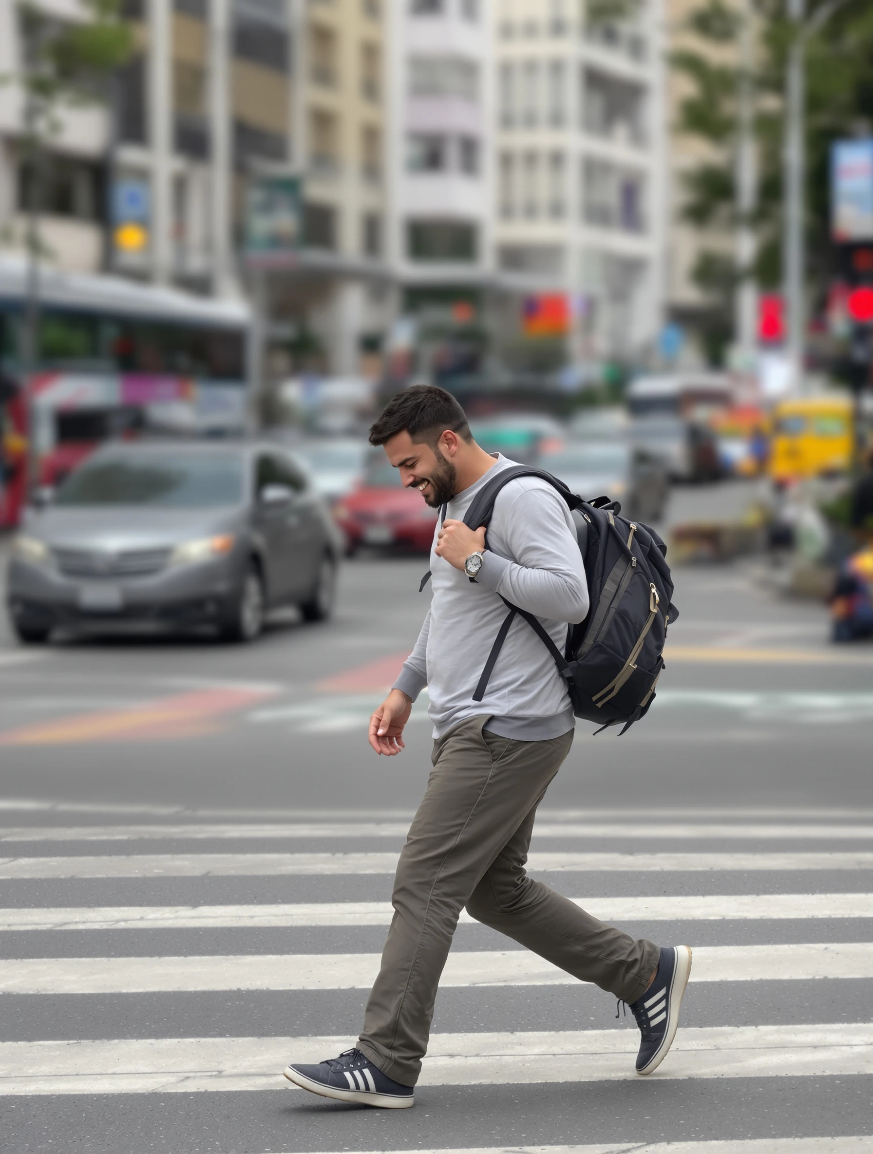 Man mid-step crossing a crosswalk with a backpack on one shoulder, looking down and smiling, city traffic blurred behind him.