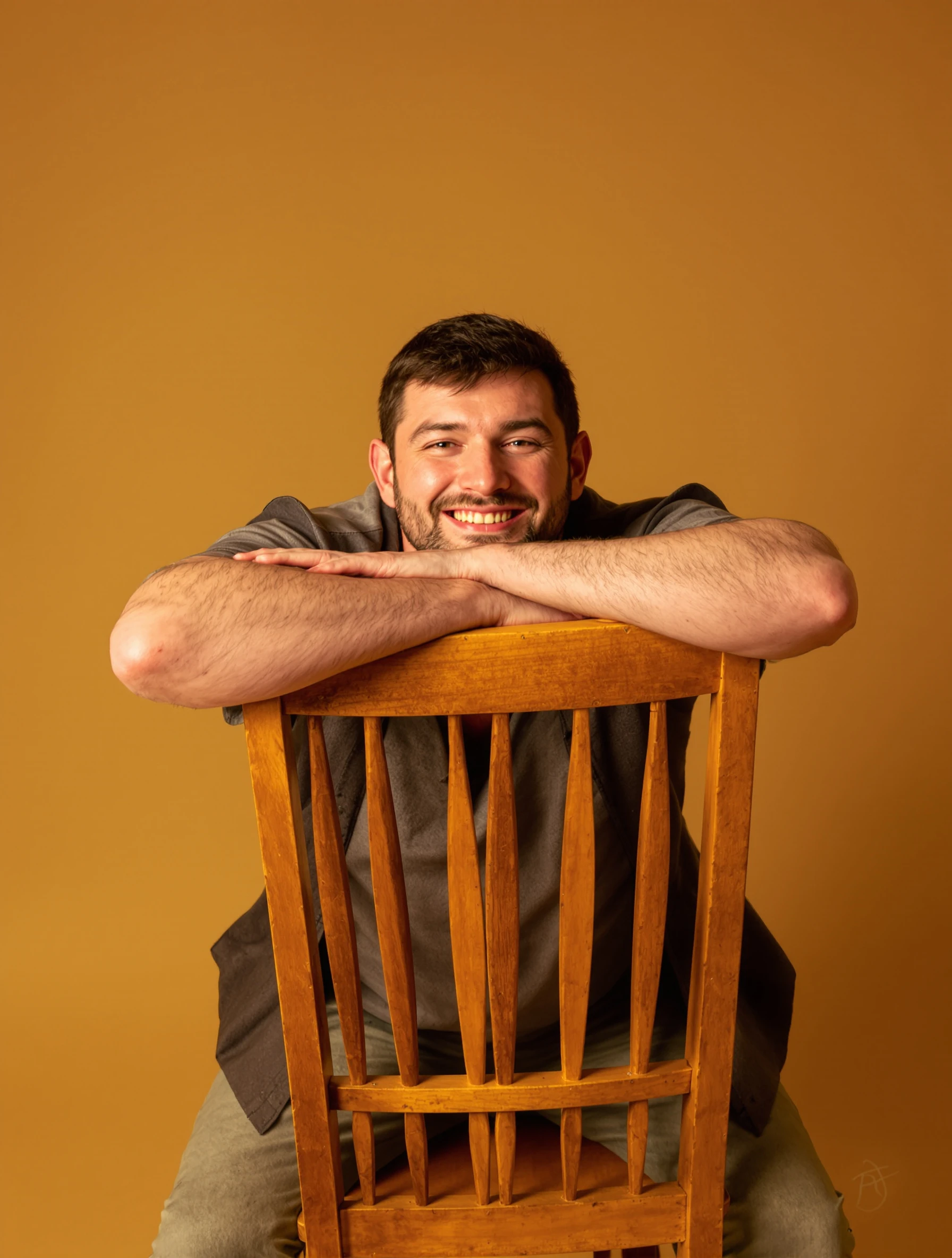 Man sitting backwards on a wooden chair with his arms folded over the backrest, chin on his arms, playful grin, warm studio light.