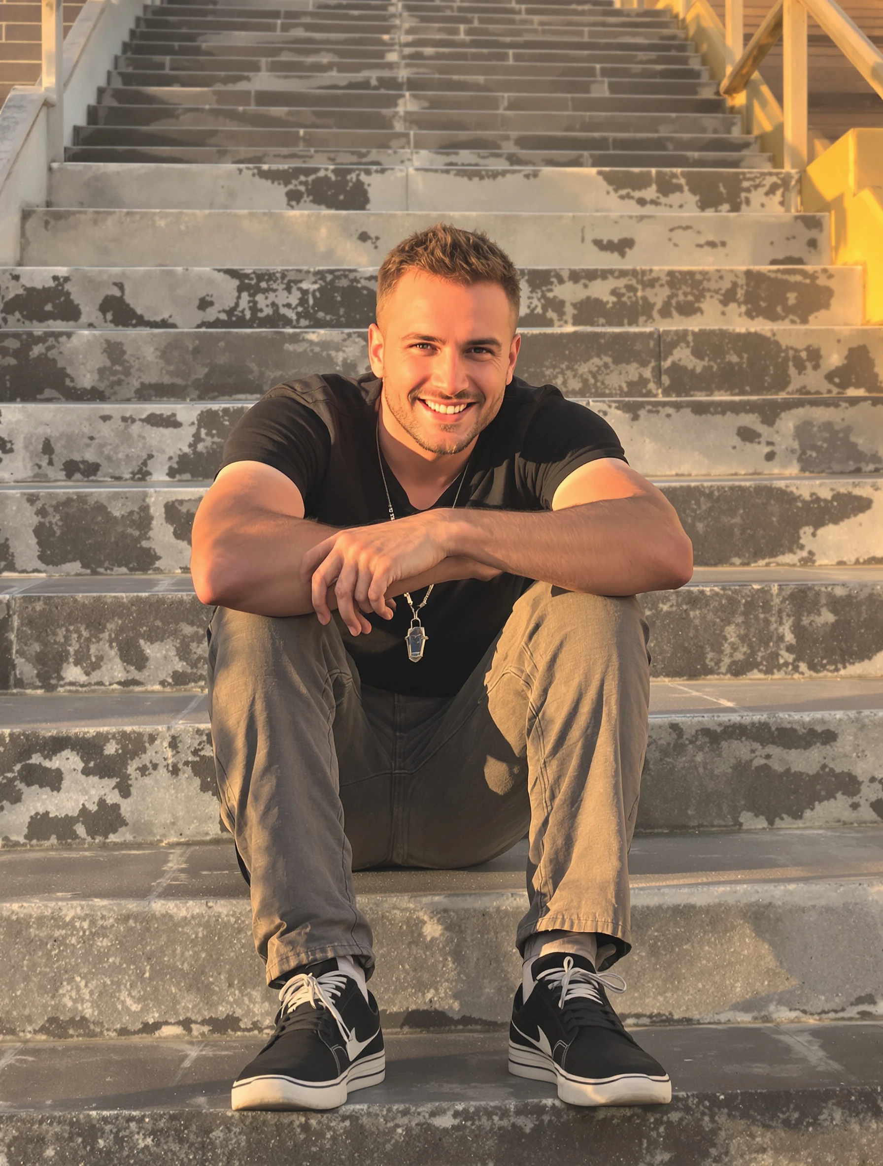 Man sitting on concrete steps with his forearms on his knees, leaning forward, looking at the camera with a calm smile, golden hour.