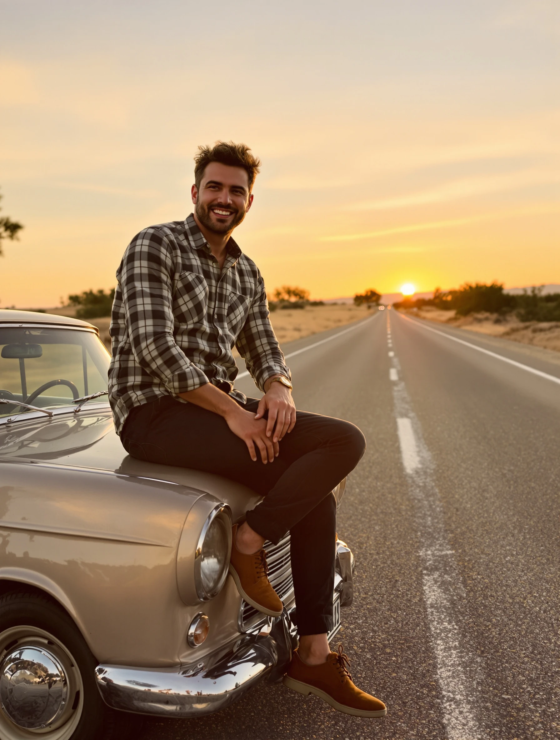 Man sitting on the hood of a vintage car, one foot on the bumper, leaning on his knee, relaxed grin, desert road at sunset.