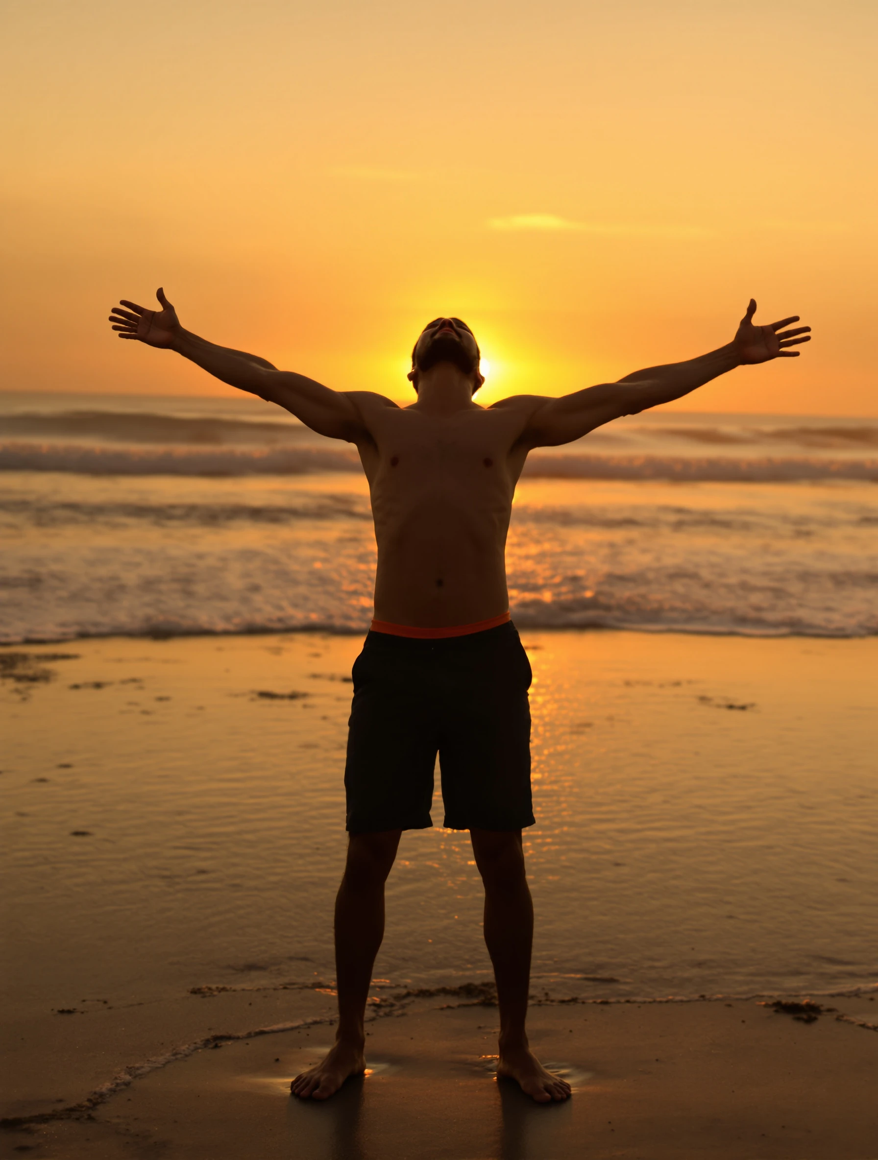 Man standing with arms outstretched on a beach at sunset, head back, edges of his silhouette lit gold, free joyful pose.