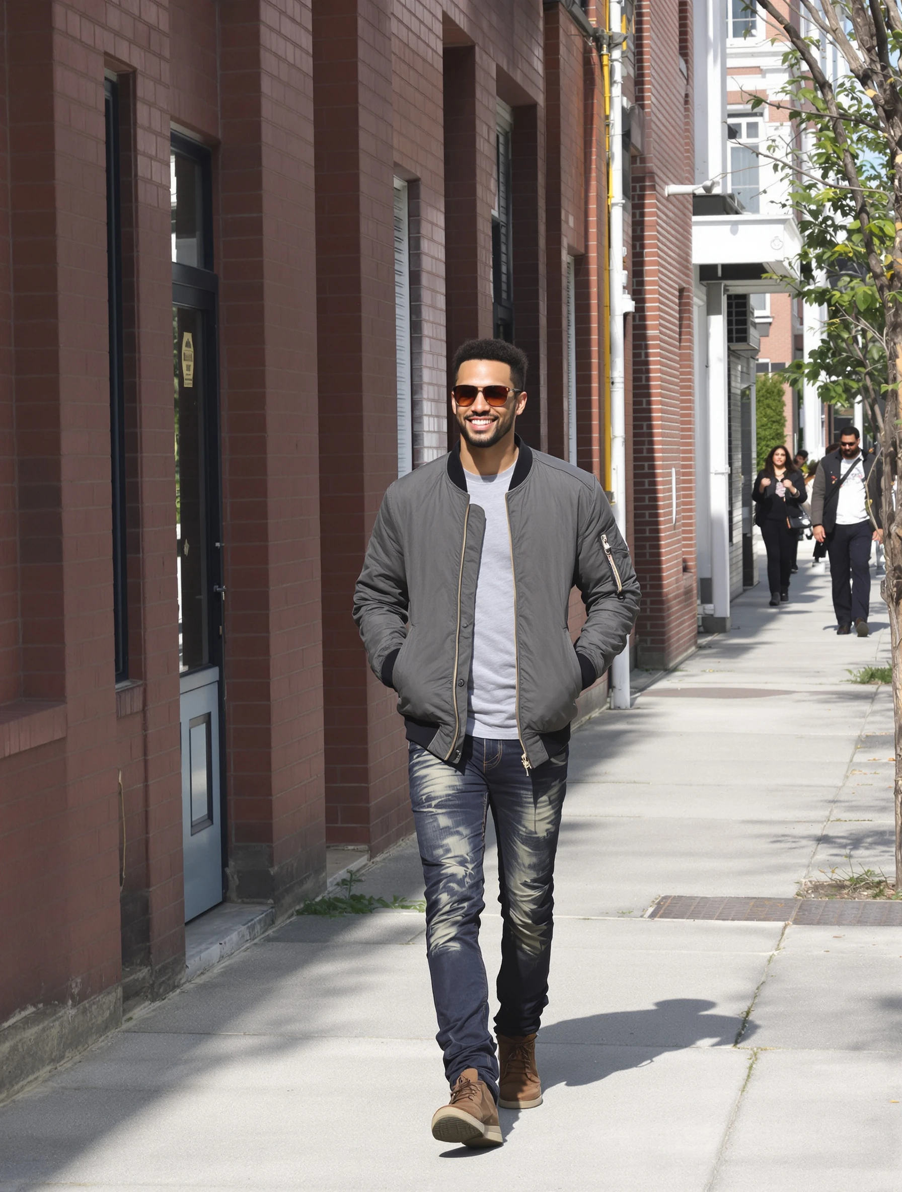 Man walking toward the camera on a sunlit sidewalk in a bomber jacket, hands in pockets, easy mid-stride grin.