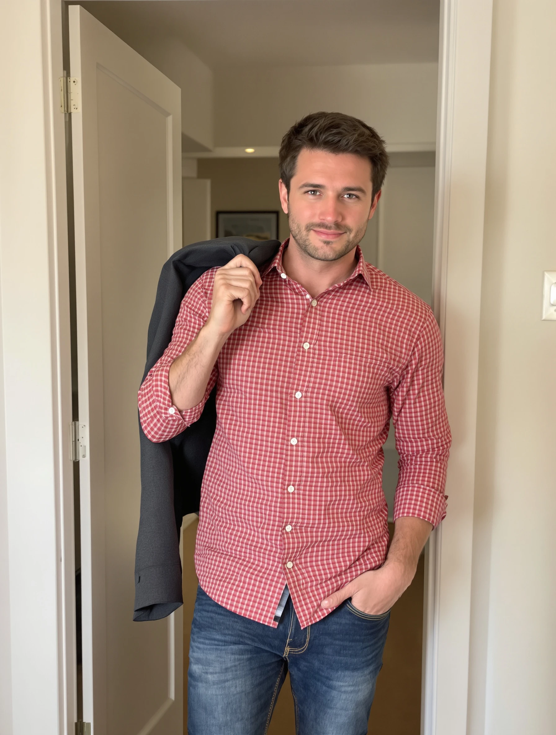 Man with a jacket hooked over his shoulder by one finger, other hand in pocket, standing in a doorway, confident editorial pose.