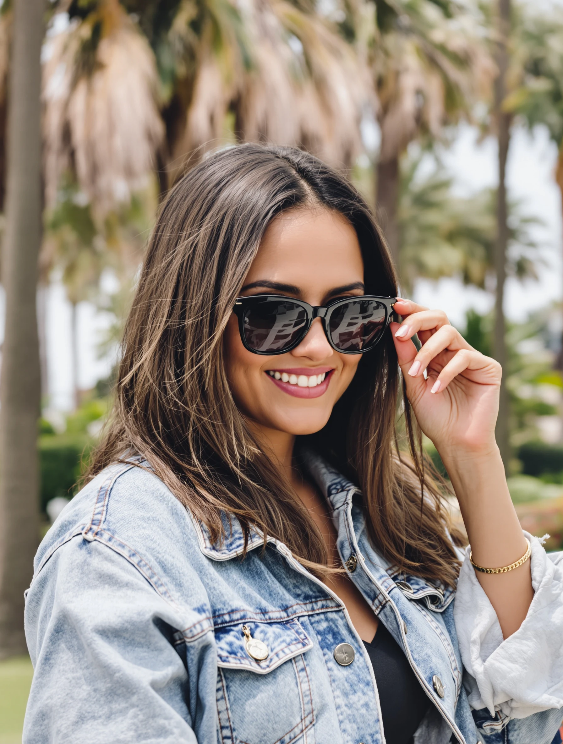 Woman adjusting her sunglasses with one hand while looking just past the camera, denim jacket, palm trees blurred behind her, cool smile.