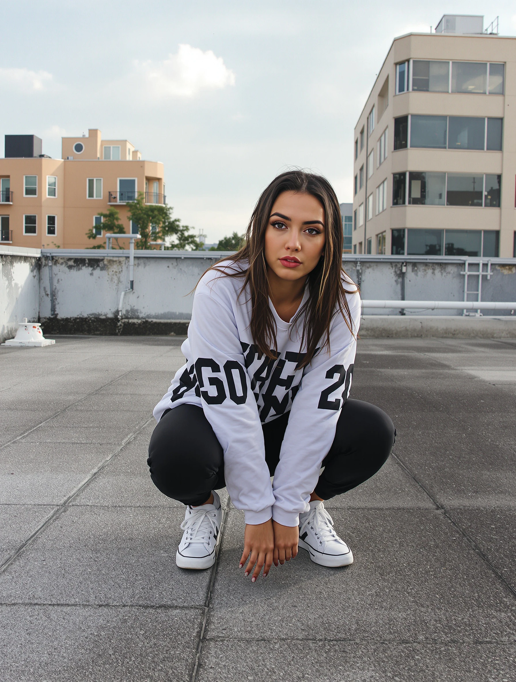 Woman crouching low in a squat pose on a rooftop with elbows on her knees, streetwear outfit, direct confident look at the camera.