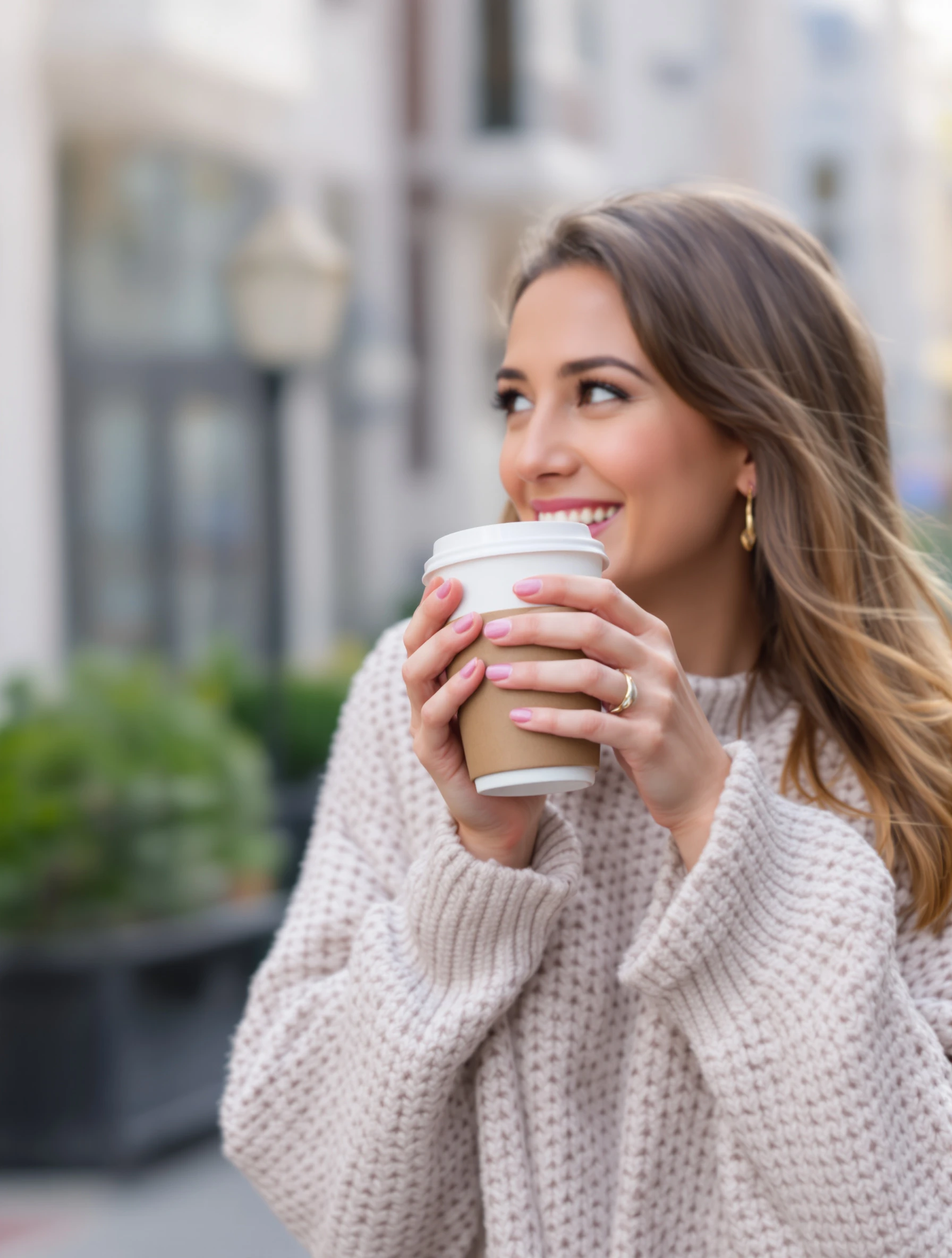 Woman holding a takeaway coffee cup with both hands close to her face, looking off to the side with a smile, cozy oversized sweater, soft street light.
