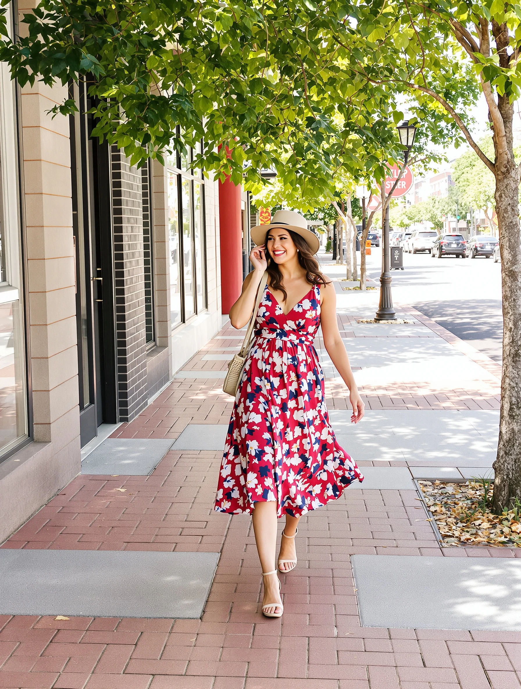 Woman in a flowy midi dress wa