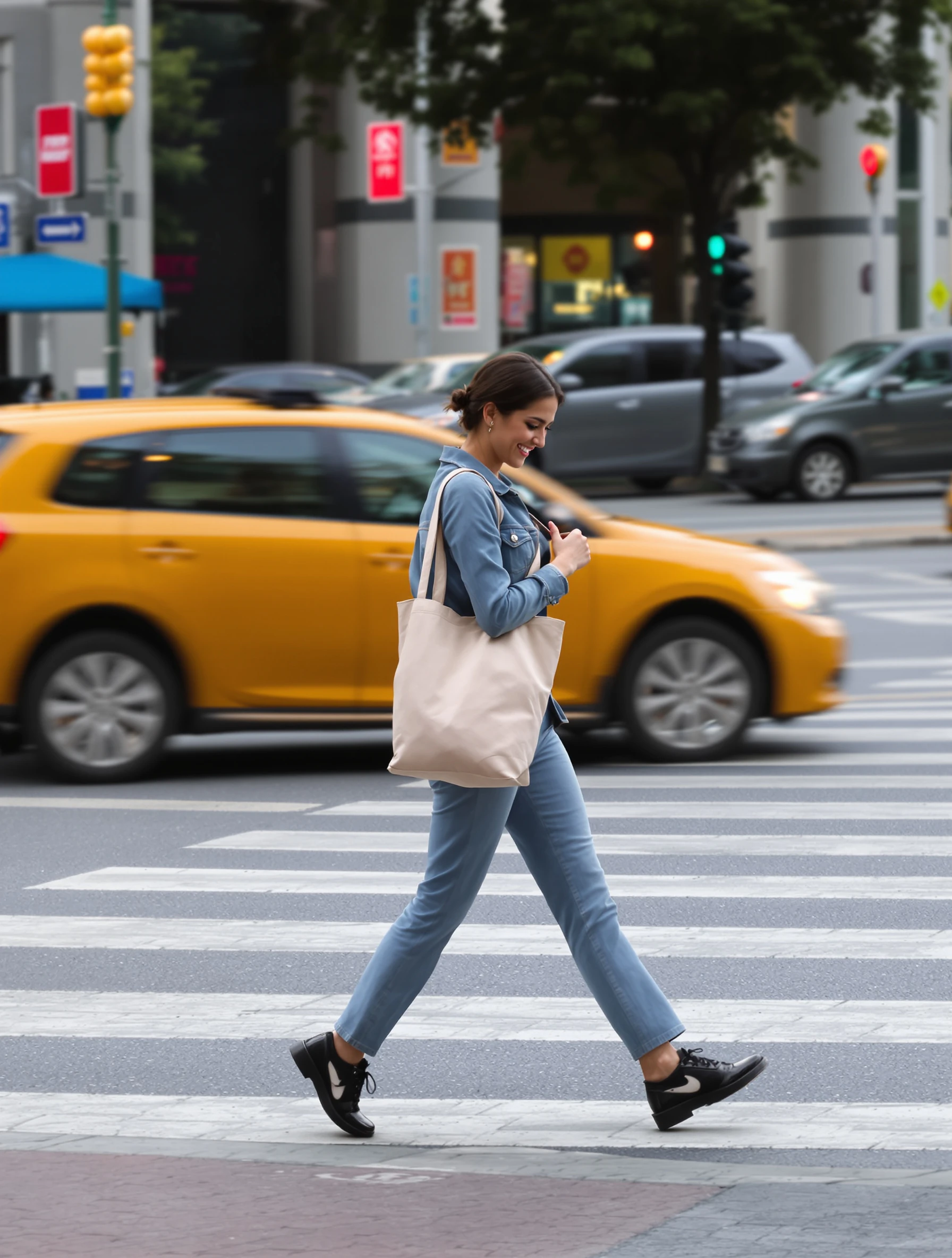 Woman mid-step crossing a crosswalk with a tote bag over her shoulder, looking down and smiling, city traffic blurred behind her.