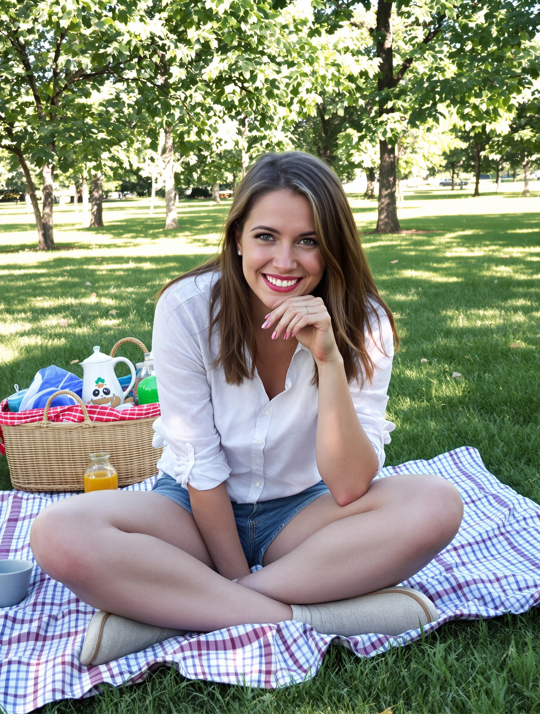 Woman sitting cross-legged on a picnic blanket in a park, leaning forward with her chin on her hand, playful smile, dappled light.