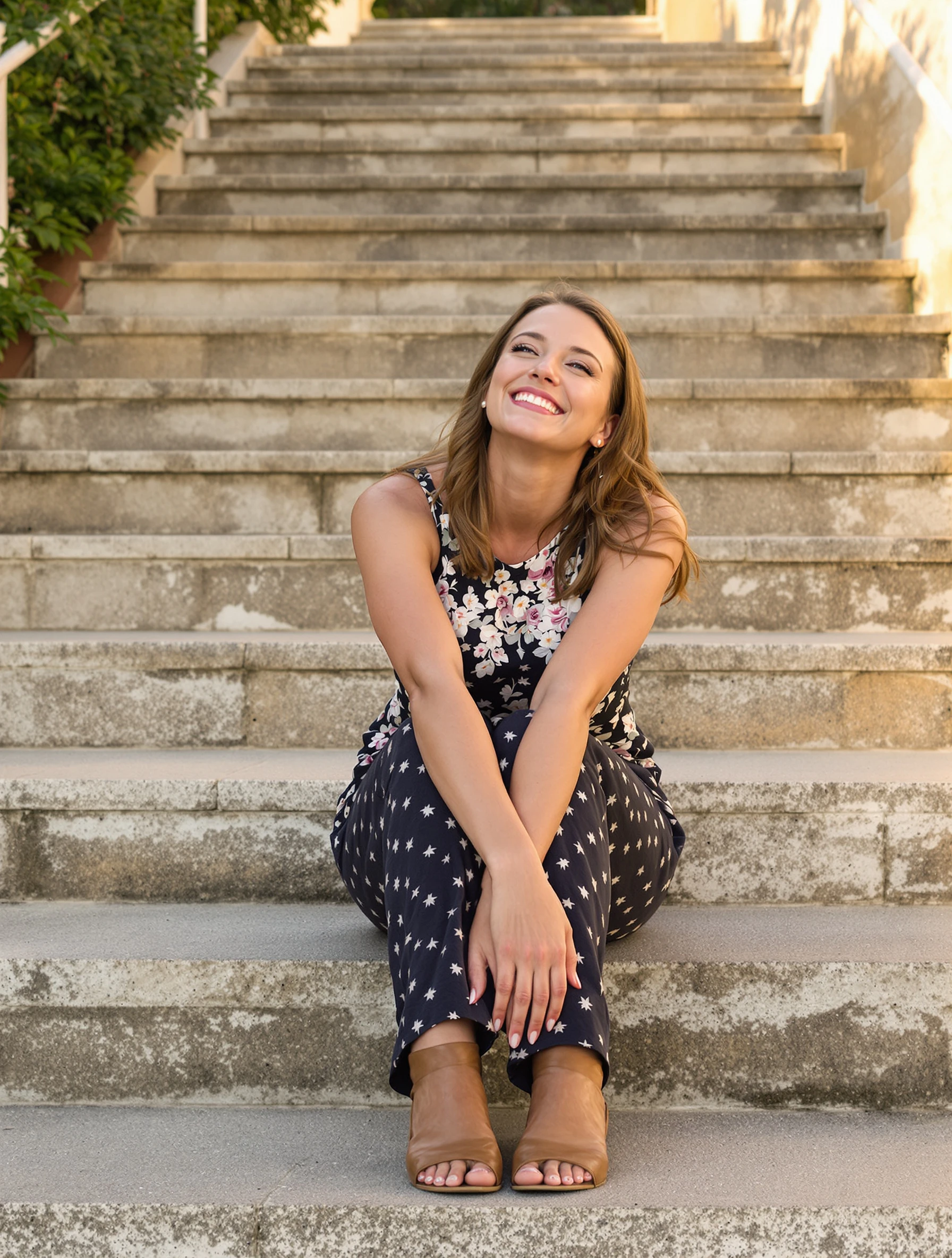 Woman sitting on a set of ston